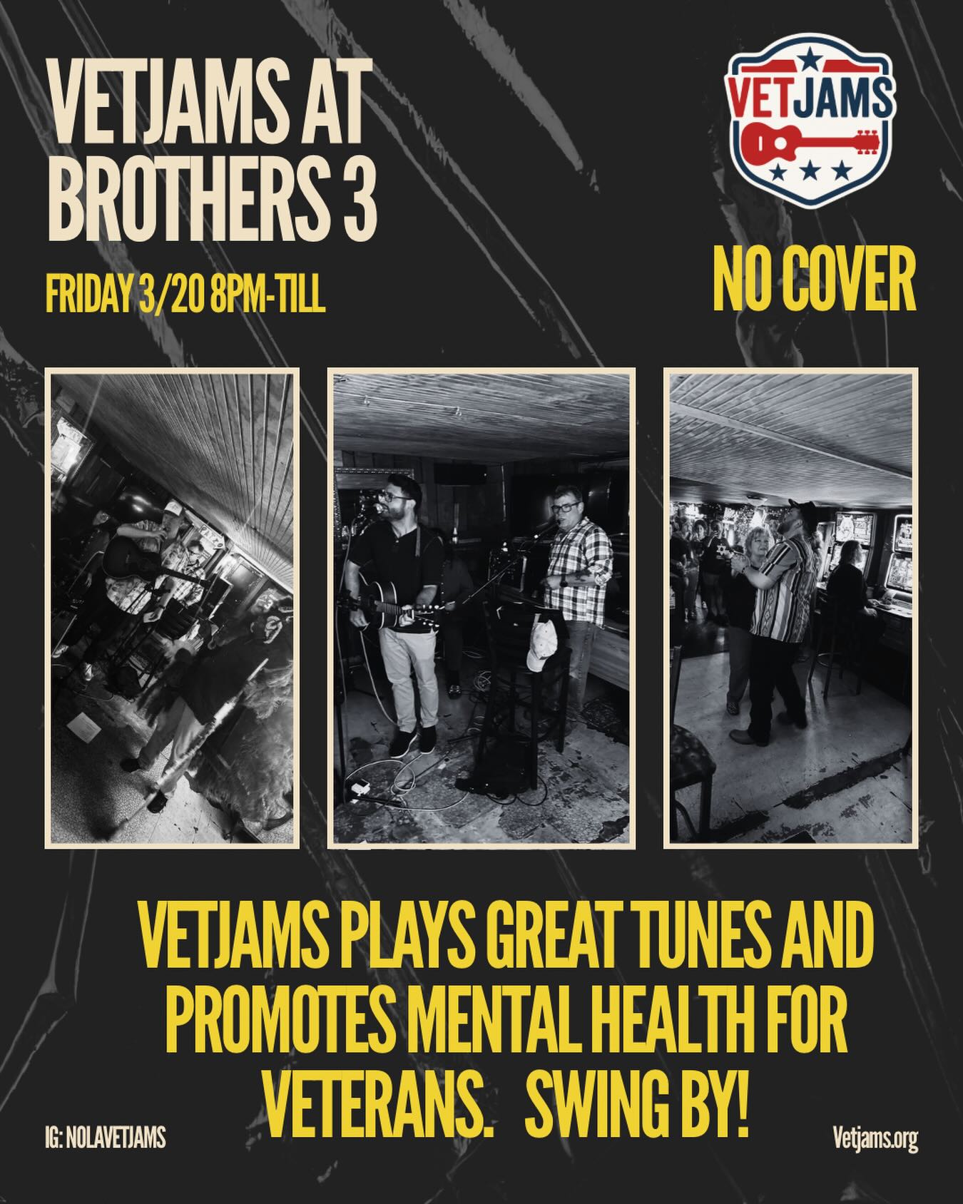 We’re back at @brothersthreelounge Friday 3/20 8pm no cover. We’ve got special guests and new band members! Come check it out, it’s going to be a blast. Bring your dollar bills, no credit cards accepted. It’s ok to talk about what’s going on in your head and through the VetCenter all veterans can see a therapist for free. #neworleans #neworleansmusic #vetjam #veterans #therapy musictherapy community freeVETtherapy 988