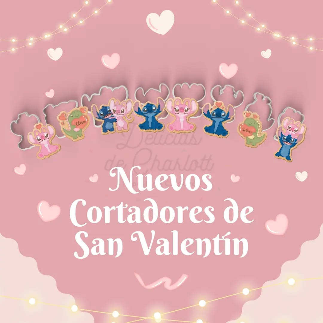 En Delicias de Charlott ya estamos de San Valentín...❤️🧁
Y les traemos estos amorosos cortadores en tendencia de Stitch, Ángela y más personajes que te van a enamorar en esta temporada.
Seguiremos subiendo a la largo de estos días estad atentos a todas las novedades que se vienen 😌😊.
Muchas gracias por todo sois geniales. ❤️