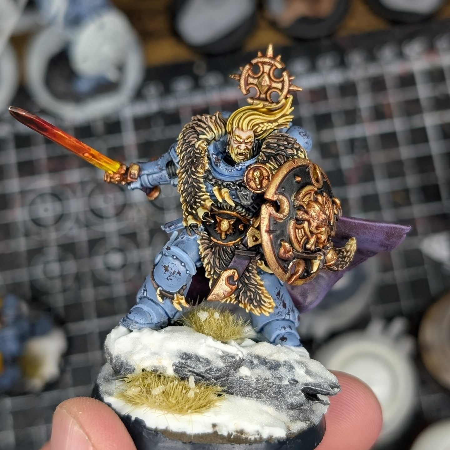 Adding slowly to these vikings from the far future, with this guy and his tactical rock. I haven't ever really gone to town on basing models, using materials to elevate them. But this guy looked so unfairly short on his base, and someone like him deserved to stand tall above his brethren. So you're welcome plastic man, for that piece of bark that now looks like a rock. You're so very welcome