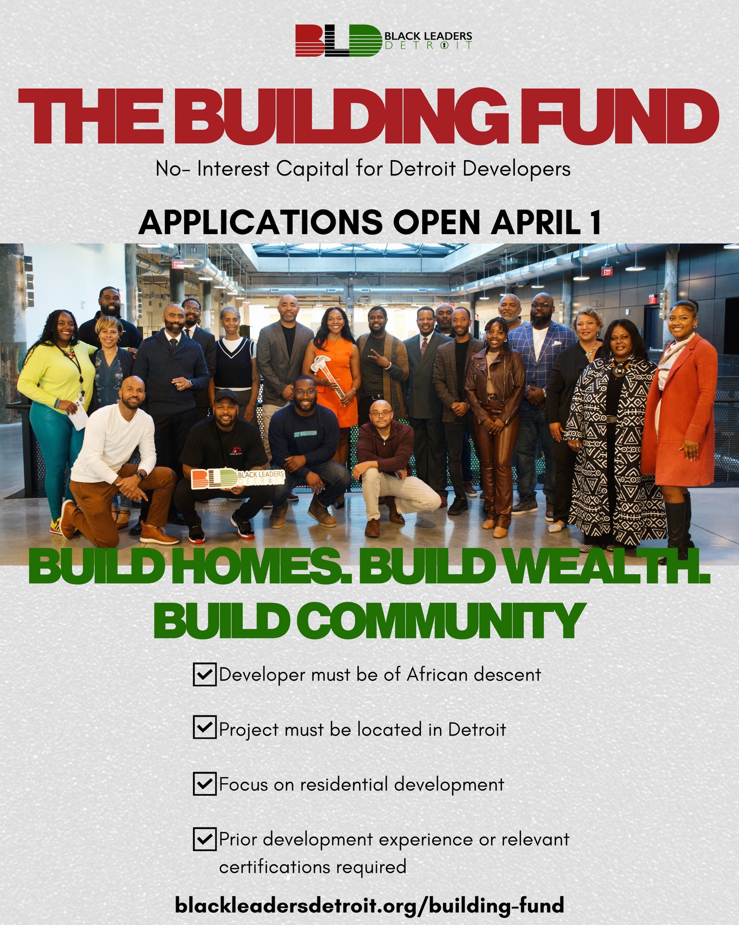 Detroit, it’s time to build.
After a powerful first cohort of 15 developers who turned vision into real projects across our neighborhoods, the Building Fund is reopening for a new round of leaders ready to step up.
From April 1–30, we’re accepting applications for zero-interest capital and support designed to help you bring your development project to life without the traditional barriers.
The first cohort showed what’s possible. Now it’s your turn.
#blackleadersdetroit #buildingfund #detroit #detroitrealestate