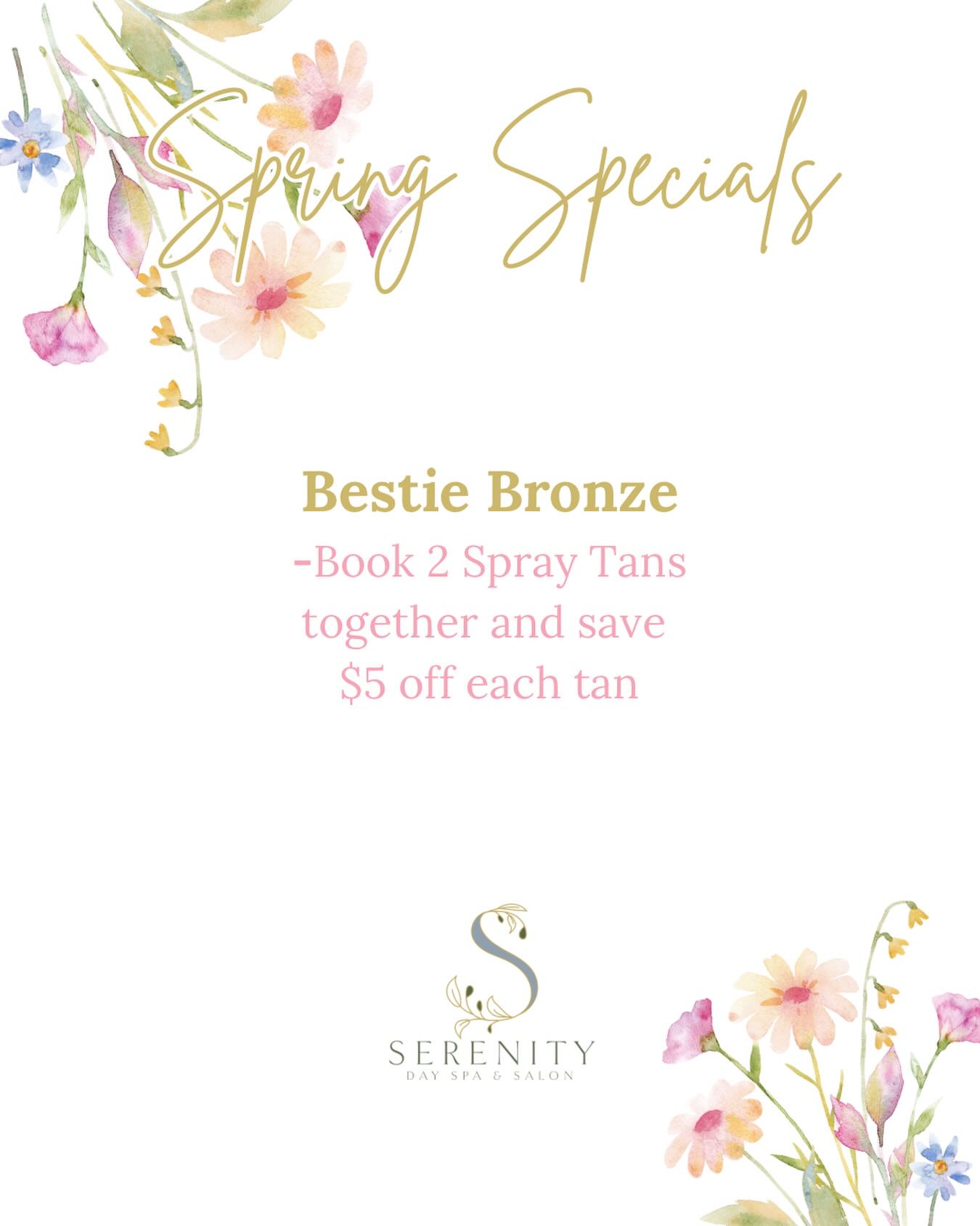 Everything’s better with your bestie! 🤩
Book 2 spray tans together and enjoy $5 off each tan with our Bestie Bronze spring special. 🌸
Grab your glow partner and book with us at Sdsmagnolia.com or call 870.234.4000 ✨
#salonandspa #magnolia #giftsforher #sdsmagnolia #spraytan