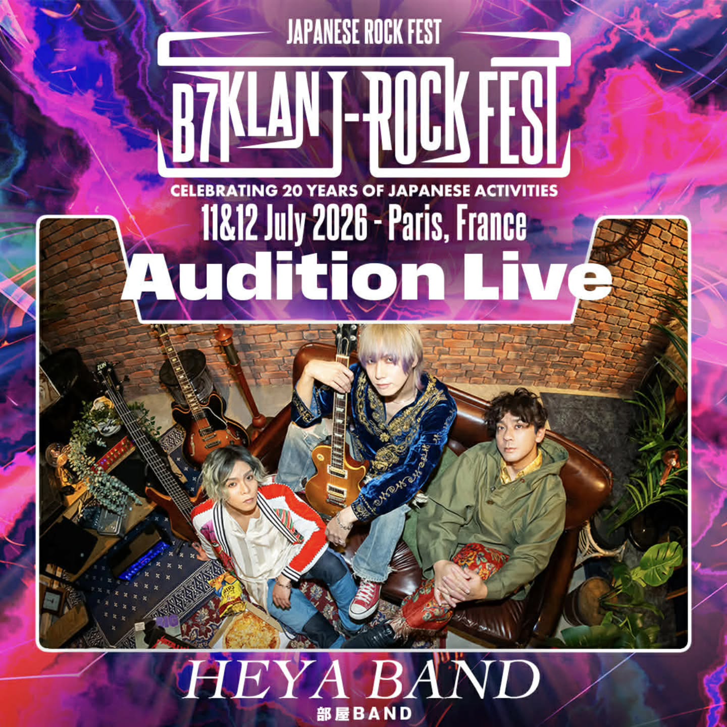 HEYA BAND
@heyaband_official
Bringing rock from our room to the world
HEYA BAND is a unique trio made up of guitarist-vocalist Tetsuri Hyodo, bassist Fumi, and drummer Naohiro.
They pursue their own distinctive musical style, performing a wide range of genres without being confined to any one category. With powerful live performances and emotionally resonant lyrics, they captivate their audience.
Their music carries an emotional essence that feels both nostalgic and fresh, leaving a lasting impression on listeners.
Please support us!!
#b7klan
#b7klanjrockfest
#b7livecontest
#visualkei
#jmusic