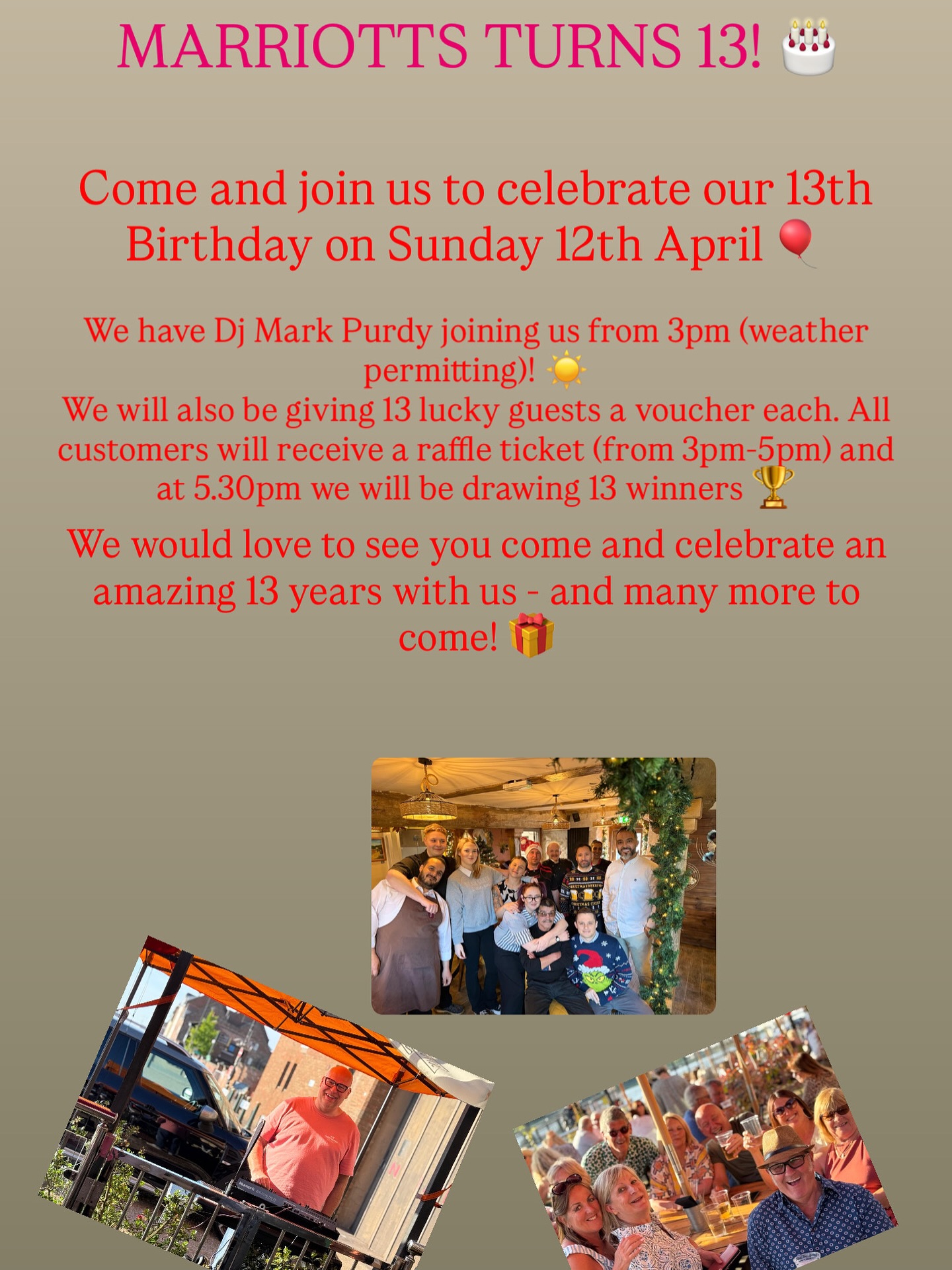 MARRIOTTS TURNS 13 🎂
Come and join us to celebrate! ✨ SUNDAY 12th APRIL ✨ @djmarkpurdy