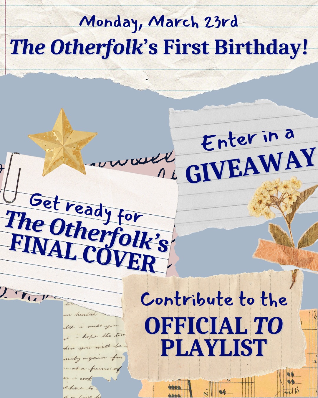 This Monday, March 23rd, marks exactly one year since I published The Otherfolk (and four years since I started writing)! To celebrate, you can write a review to get a chance to win a personalized copy of The Otherfolk and Beyond the Wall, send me a song that relates to a certain chapter of The Otherfolk, and hang tight to see The Otherfolk's new, final cover!! Enter in the giveaway and contribute to the playlist by going to zoecottrell.com!