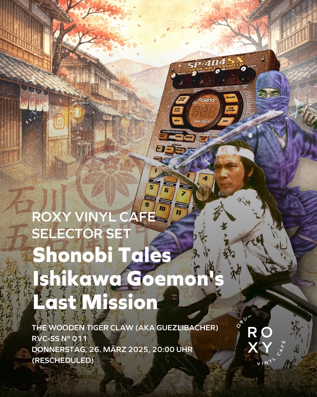 Roxy Vinyl Cafe Selector Set Series
An informed music journey, sharing new music, artists, and genres with our guests with a focus on deep listening and expanded horizons. Lower volume voices for the evening are appreciated 🙏
Roxy Selector Set Nº 011 | THE WOODEN TIGER CLAW (aka guezlibacher)
Shonobi Tales: Ishikawa Goemon's Last Mission
Donnerstag, 26. März 2026, 20:00 Uhr (Rescheduled)
Gratis Eintritt/Kollekte
Set & Text @guezlibacher
Cover art @krisblade
Production @roxy.kunstxkultur
#roxyvinylcafe #listeningbar #winterthur #selectorset #ninjatapes