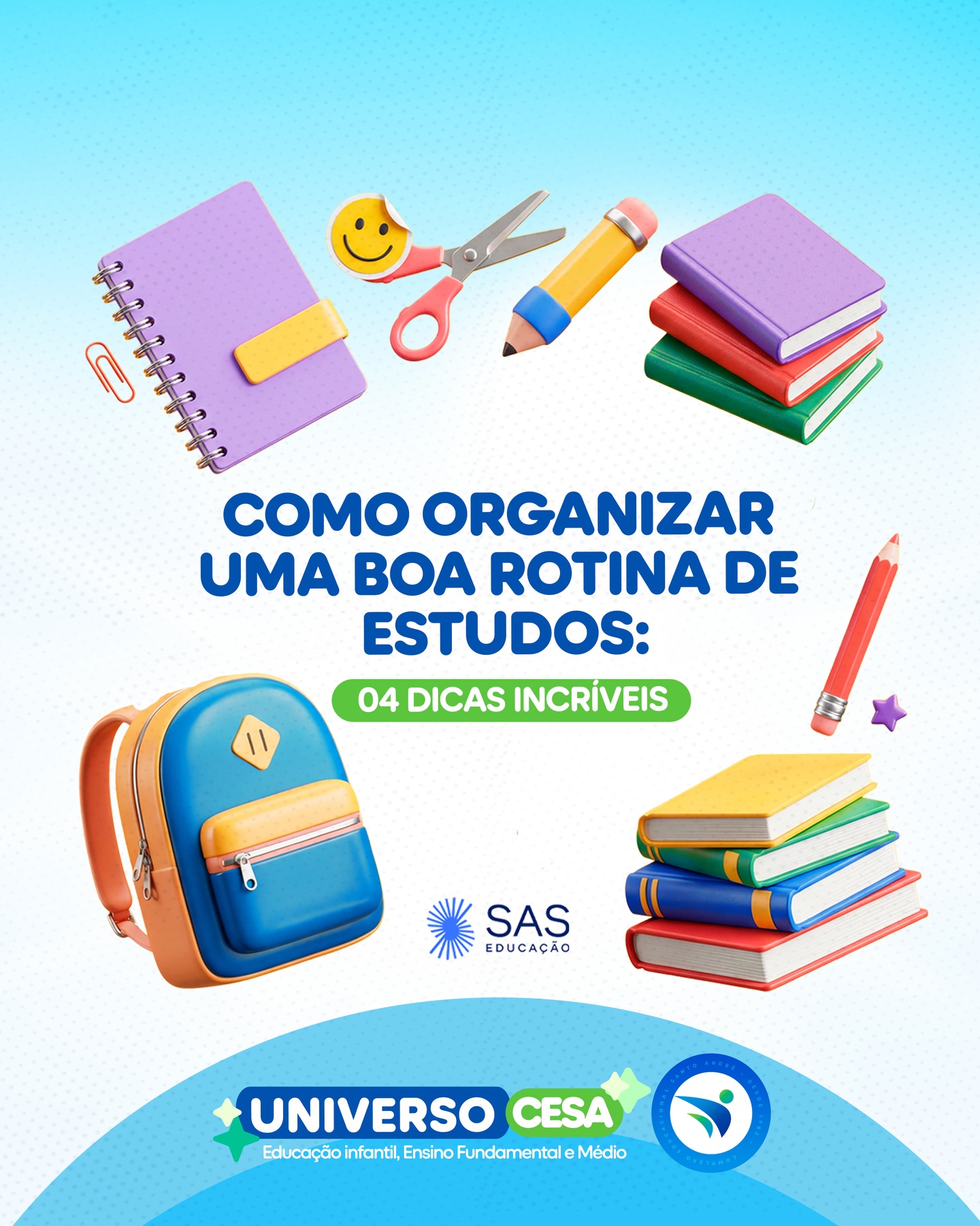 Uma matéria de cada vez, um passo por dia. 🚀💙
Aqui no CESA, acreditamos que a boa rotina é a base do sucesso. Seja nas salas de aula ou no nosso contraturno semi-integral, o foco é sempre o mesmo: o potencial de cada aluno!
Confira nossas dicas de hoje para turbinar seus estudos e não esqueça: o equilíbrio entre foco e descanso é a chave. 🔑🧠
#estudos #foco #cesaassú #vidaescolar #DicasUniversoCESA