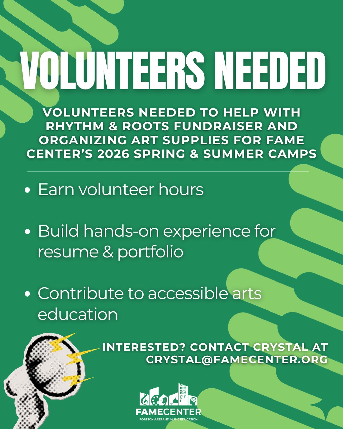 We are looking for volunteers!
Join us at FAME Center to support our annual fundraiser Rhythm & Roots:
• Event setup
• Auction support
• Food service assistance
• Photography and social media support
• Day-of assistance
We’re also seeking volunteers to help prepare for our upcoming spring and summer camps by organizing shelves, art materials, tidying, and managing creative supplies.
Key Dates:
• Rhythm & Roots: April 18
• Spring Break Camp: March 23–27
• Summer Camp: June 15–August 14
Interested in helping? Contact us at:
crystal@famecenter.org
(312) 469-0667
#ChicagoArts #VolunteerChicago #ArtsEducation #YouthArts #SouthLoopChicago