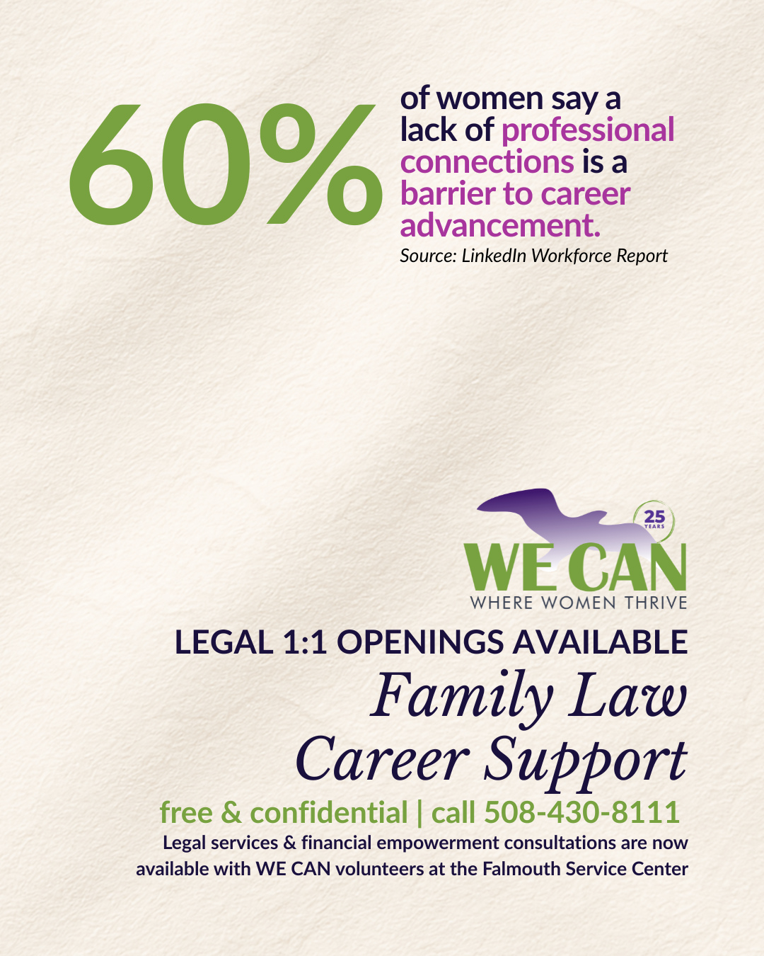 You don’t have to figure it out alone! WE CAN volunteers are ready to meet with you one on one, whether you need guidance on a family law matter, support navigating your career, or help building your financial footing.
Free, confidential, and available now at the Falmouth Service Center, as well as our Harwich and Hyannis locations.
➡️ Call 508-430-8111 to schedule.