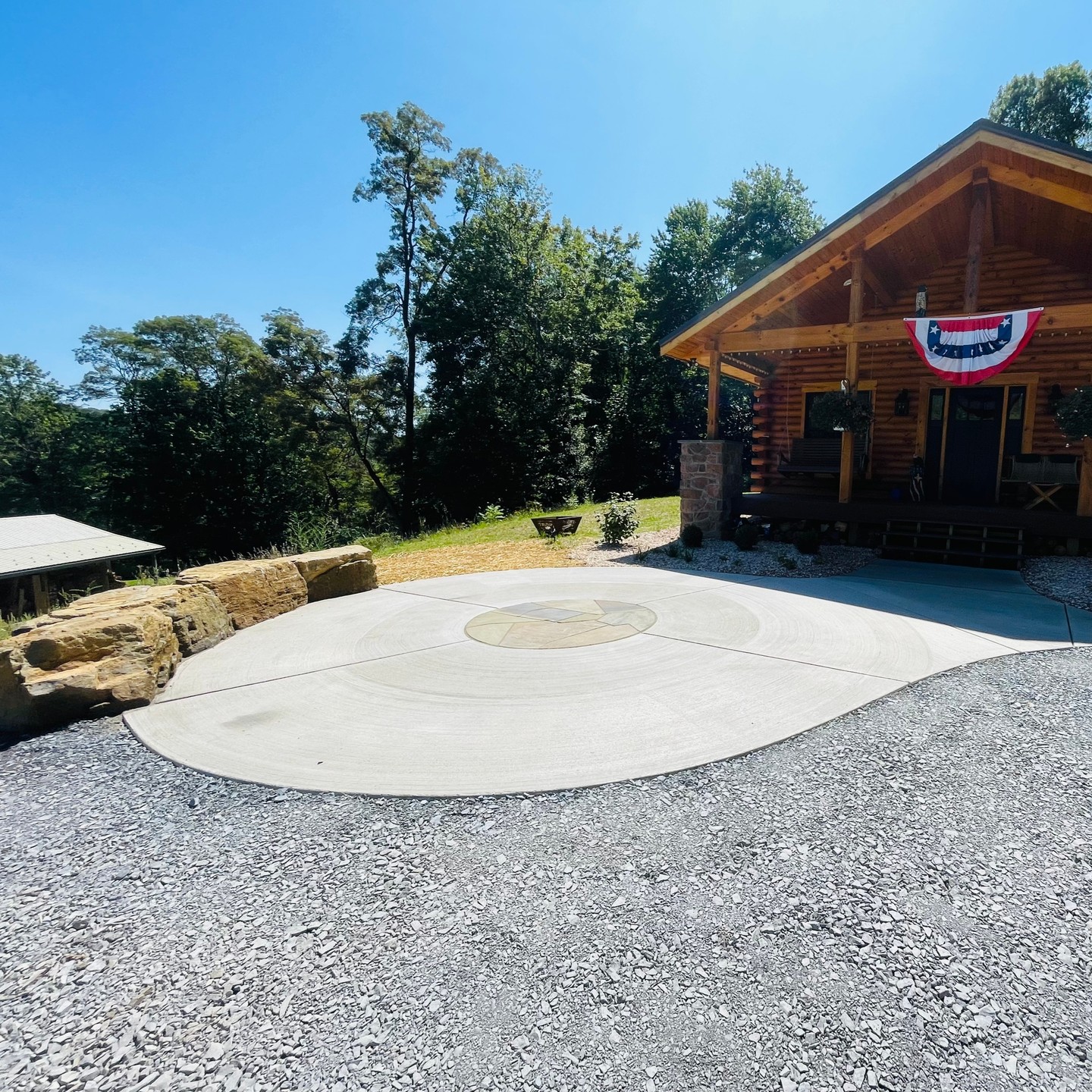 Broom finished concrete patio with an intricate irregular flagstone inlay just in time for fall campfire season!
-
-
-
#hardscapes #firepit #campfire #fall #patio #tailgates #concrete #flagstone #pabluestone #statecollege #landscaper #yondermountain #conservation