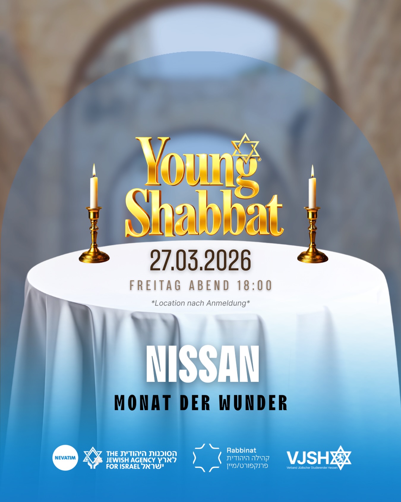 ✡️ Young Shabbat in Frankfurt
Jung. Jüdisch. Gemeinsam.
In Kooperation mit Nevatim, dem Rabbinat & VJSH
📅 Freitag, 27. März 2026
🕖 Beginn: 18:00 Uhr
📍 Ort: Wird nach Anmeldung bekannt gegeben
👥 Zielgruppe: Jüdische junge Erwachsene (18–35 Jahre)
🧭 Thema des Abends
„Nissan - Monat der Wunder“
Der Monat Nissan steht im jüdischen Kalender für Neubeginn, Befreiung und Wunder. Mit Pessach beginnt nicht nur die Erinnerung an den Auszug aus Ägypten – sondern auch eine Zeit, in der wir uns fragen:
✨ Wo erleben wir heute Wunder?
✨ Was bedeutet Freiheit in unserem eigenen Leben?
✨ Und wie können wir selbst Teil von Veränderung werden?
Gemeinsam wollen wir den spirituellen Gehalt dieses besonderen Monats entdecken – zwischen Tradition, persönlicher Reflexion und aktuellen Bezügen.
Der Abend wird von @rabbiner_julian_chaim_soussan inhaltlich und musikalisch begleitet.
🌟 Worum geht’s beim Young Shabbat?
Der Young Shabbat ist eine monatliche Veranstaltungsreihe in Frankfurt – gefördert durch Nevatim. Ein Abend, der jüdisches Leben in seiner Vielfalt in den Mittelpunkt stellt: gemeinschaftlich, spirituell, kulturell, kritisch und verbindend.
Ob religiös, traditionell, säkular oder irgendwo dazwischen – du bist willkommen, wie du bist.
Gemeinsam schaffen wir einen warmen, offenen Space für junge Menschen.
🙌 Was dich erwartet
🕍 Kabbalat Shabbat in besonderer Atmosphäre
🍷 Gemeinsamer Kiddush mit gutem Essen & Gesprächen
💬 Thematischer Impuls & Diskussion
💛 Raum für Begegnung, Austausch & neue Verbindungen
👋 Wer kann kommen?
Du bist jüdisch – ganz gleich ob religiös, säkular oder irgendwo dazwischen?
Neugierig, Menschen kennenzulernen oder einfach nur dabei zu sein?
Perfekt.
Du musst:
keine Gebete kennen
kein Vorwissen mitbringen
keine Fragen beantworten
Nur dich selbst.
🎟️ Teilnahmebeitrag
VJSH-Mitglieder: 5 €
Studierende: 10 €
Young Professionals: 15 €
❓ Warum dabei sein?
Weil jüdisches Leben mehr ist als Feiertage – es lebt von Menschen.
Weil Gemeinschaft nicht einfach passiert – wir gestalten sie.
Und vielleicht klingt genau dieser Freitagabend in dir nach.
🔗 Jetzt anmelden und dabei sein!
Link in der Bio)