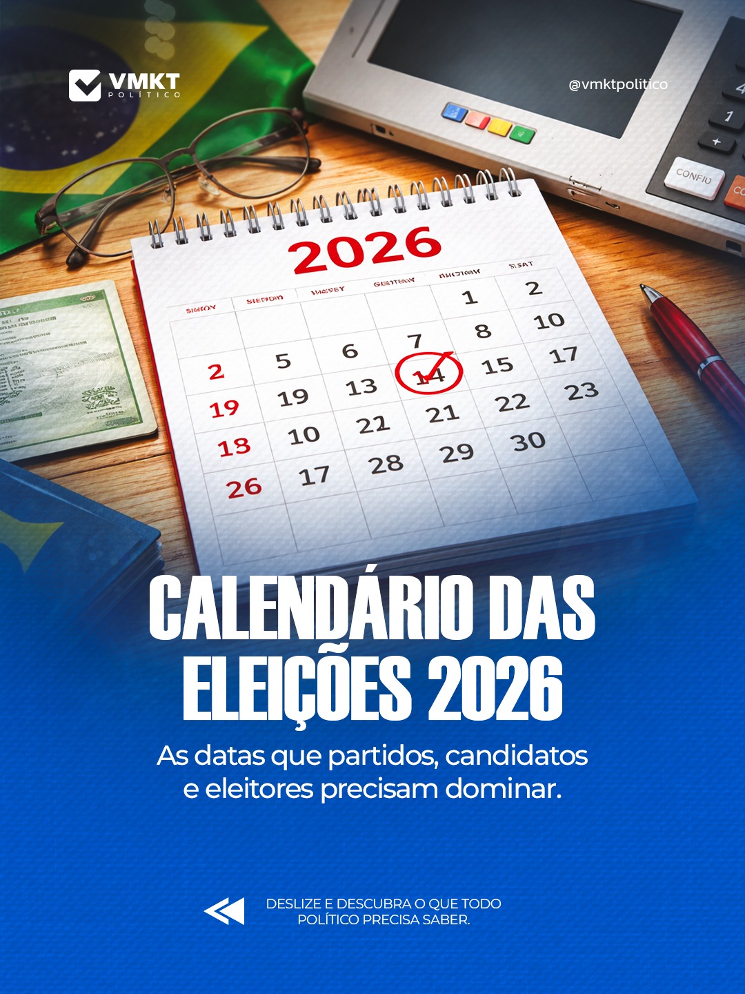 Em política, prazo é poder.
Cada data define quem pode jogar e quem fica de fora.
Salve este post para acompanhar cada movimento.
Você já está com sua situação eleitoral regularizada?
#VMKTPolitico #EstrategiaEleitoral #CalendarioEleitoral #Eleições2026