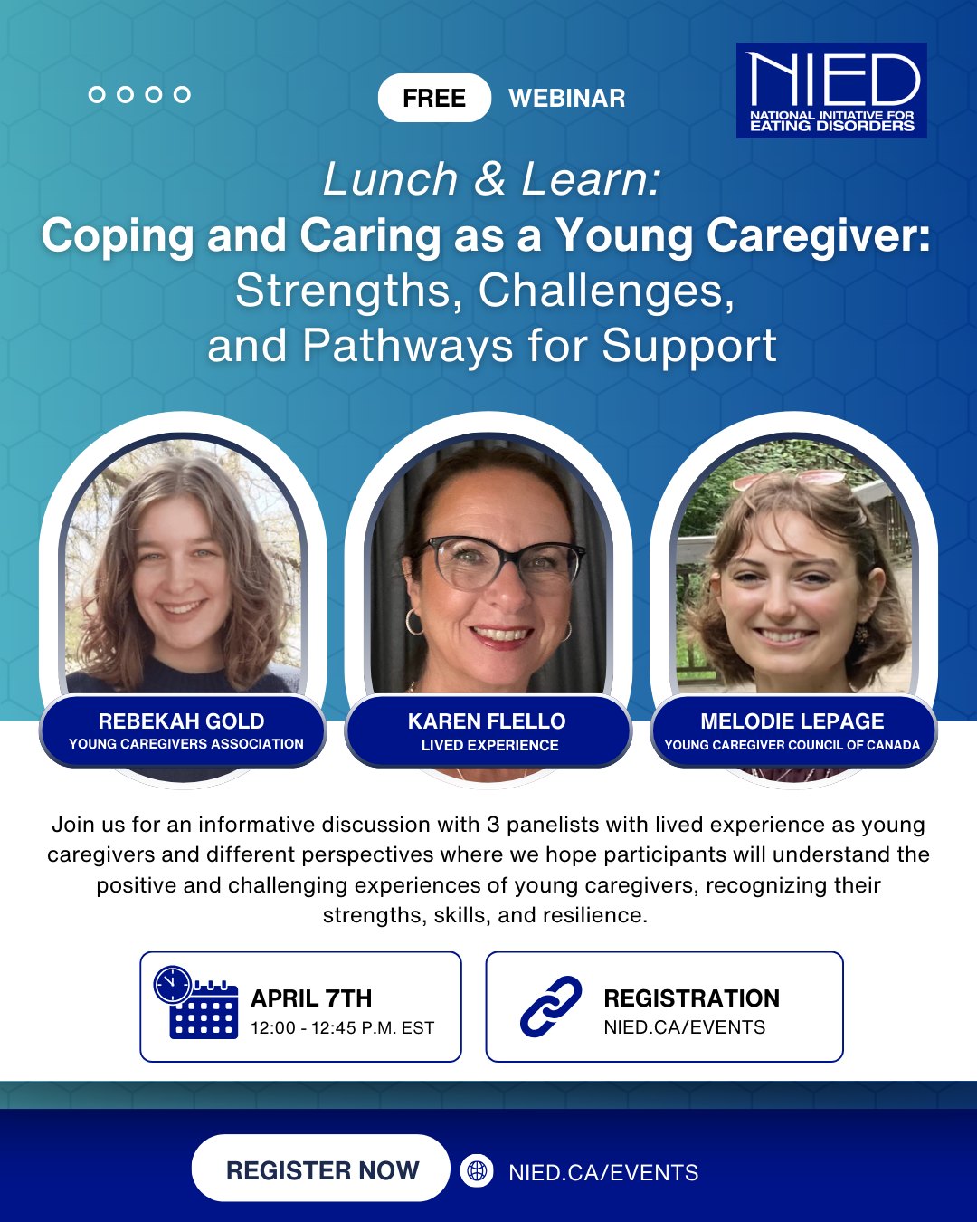 ⨠We're so excited to announce our next free webinar on April 7th at 12 pm EST: Coping and Caring as a Young Caregiver: Strengths, Challenges, and Pathways for Support!
Join us for an informative discussion with 3 panelists with lived experience as young caregivers and different perspectives where we hope participants will understand the positive and challenging experiences of young caregivers, recognizing their strengths, skills, and resilience.
Learn to identify the impacts of being a young caregiver on mental health, identity, education, and relationships. Determine practical, strengths-based, culturally responsive, and developmentally appropriate resources and strategies to support young caregivers at home, school, and community setting. Hear about advocacy opportunities that can reduce systemic barriers for young caregivers.
š» Register today at NIED.ca/events!