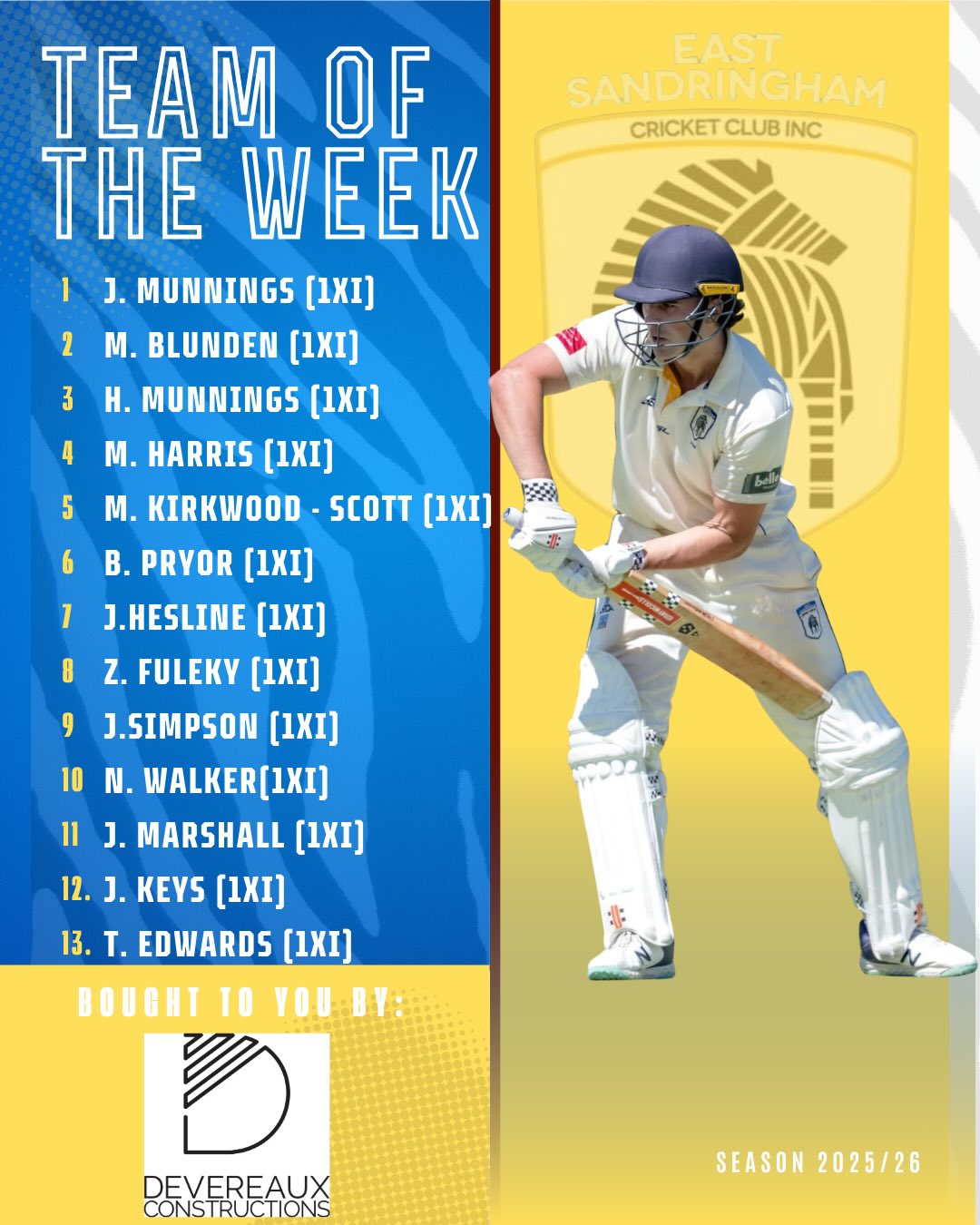 ⭐ Team of the Week | Premiership Edition ⭐
Well done to our 1st XI who brought Ray home 👏💙💛
Amazing effort from Henry Munnings & Nathan Walker!
A big thank you to @devereaux_constructions for supporting our weekly awards.