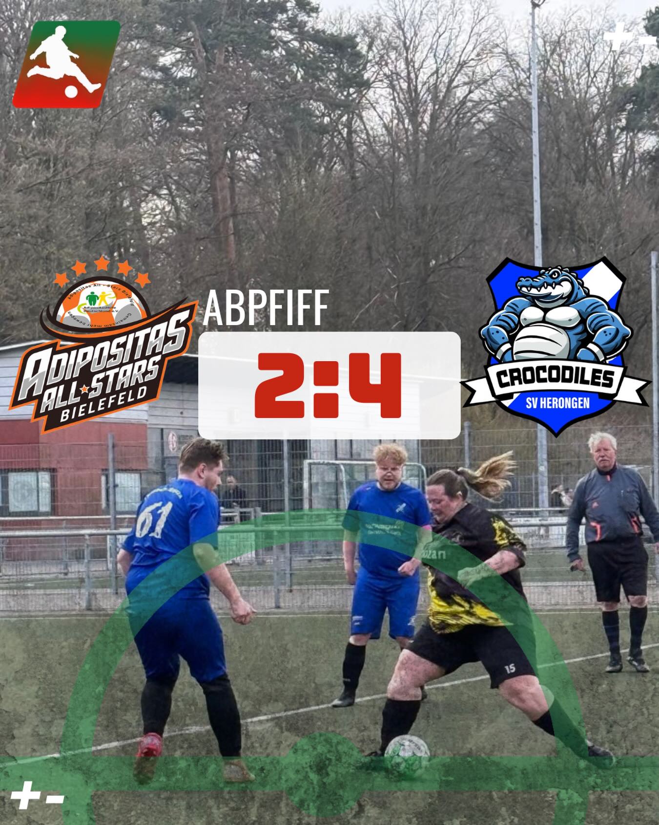 Heute empfing @adipositasallstars die @crocodiles_herongen bei besten Wetterbedingungen. Beide Mannschaften zeigten ein engagiertes Spiel. Nach der Führung durch die Allstars blieben die Crocodiles konzentriert und konnten das Spiel drehen. Am Ende stand es 2:4, womit die Crocodiles zum Abschluss der Saison ihren ersten Sieg verbuchen konnten.