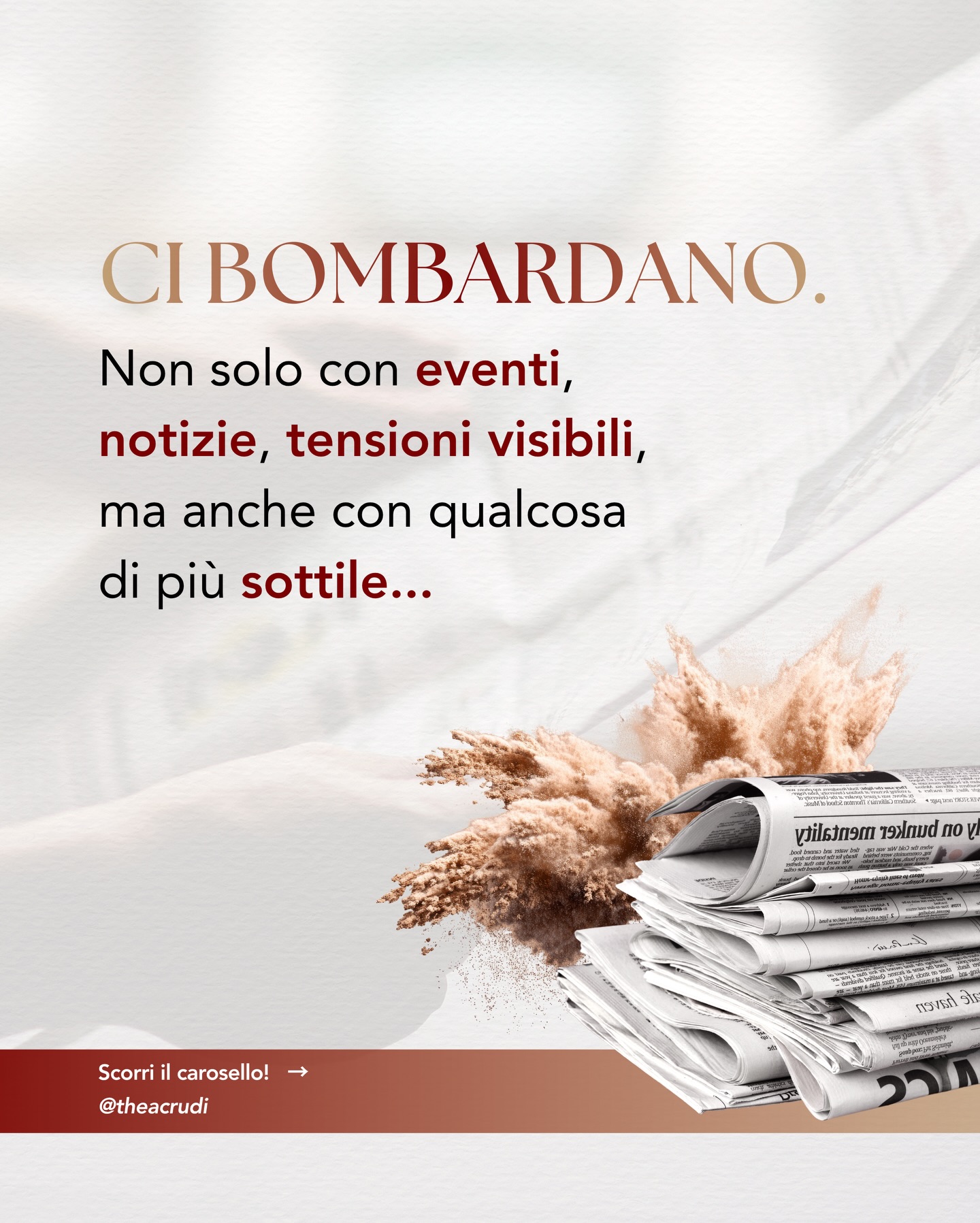 C’è qualcosa che sta accadendo, lo sentiamo tutti. Ce ne stiamo accorgendo sempre di più, e non riguarda solo le vicende che dolorosamente si consumano in luoghi della Terra che crediamo lontani.
È una pressione più sottile, che s’insinua nella mente, che agisce sul nostro campo energetico e lentamente ci porta a chiudere il Cuore, a contrarci, quasi ad arrenderci come specie, fino a negare la bellezza delle qualità umane che risiedono in noi.
❤️🩹 C’è il dolore causato dalla sofferenza dell’altro, è vero, ma c’è anche il peso dei nostri stessi pensieri che si ripetono nei giorni gettandoci in una spirale di angoscia profonda.
Paure che diventano familiari.
Un’energia che smette di fluire.
Un senso di impotenza che avanza e che ci induce a credere che non ci sia più speranza, che siamo deboli, che siamo impotenti…
Ma è davvero così?
No. Non è così.
E allora è importante mantenersi lucidi e consapevoli, realizzare che possiamo scegliere ancora la gioia, che possiamo ancora credere nell’energia benefica generata dalla comunità umana, che tutta insieme non si volta dall’altra parte ma comprende anche che abbiamo ancora potere.
Che la Vita e l’Amore hanno tutto il potere ✨
In un’epoca così faticosa, scegliere di continuare a credere nella bellezza del mondo e dell’essere umano è un atto di resistenza sottile. È lucidità. È vita che continua a scorrere.
Continuiamo anche se pesa!
Forse il nostro compito oggi è proprio questo:
ricordare chi siamo, tornare a noi stessi e lasciare che quella Luce si esprima anche nei luoghi più oscuri del mondo.
Tu come stai? 🫂
#news #guerre #pace #bellezza #vitaspirituale