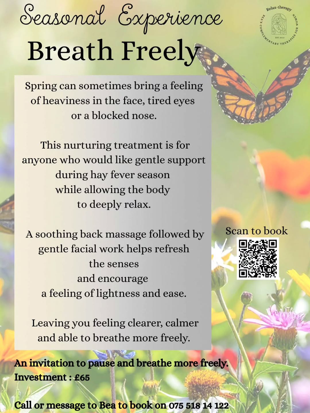 Breath Freely Ritual
This treatment is for anyone struggling
with hay fever symptoms. So you can breathe more freely, feel lighter in your body and enjoy spring again.
www.relax-therapy.com
#hayfever #hayfeverrelief #breathfreely #purley #southcroydon