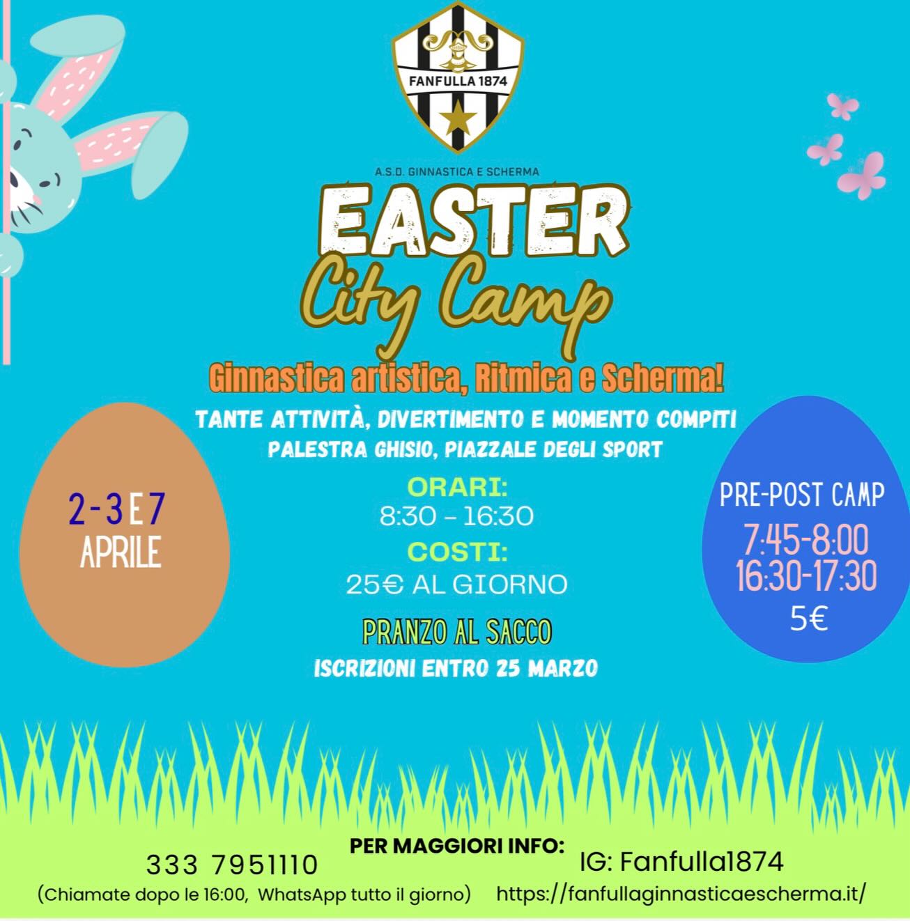 Happy Easter City Camp! 🐣💐
🗓️ 2-3 e 7 Aprile!
🤸🏽♂️🤺Vi aspettiamo per tre giorni di divertimento!
Ginnastica artistica,ginnastica ritmica,scherma e tante altre attività!
⏰ dalle 8.30 alle 16.30.
Possibilità Pre e Post camp 7.45-8.00 e 16.30-17.30!
🍝Pranzo al sacco e possibilità di un forno a microonde per riscaldare il vostro pasto.
📍Palestra Ghisio- Lodi
Iscrizioni aperte sul nostro sito!
⚠️ISCRIZIONI ENTRO IL 25 MARZO
Noi siamo pronti…e voi?? 🤍🖤
Per maggiori informazioni scriveteci al numero indicato!