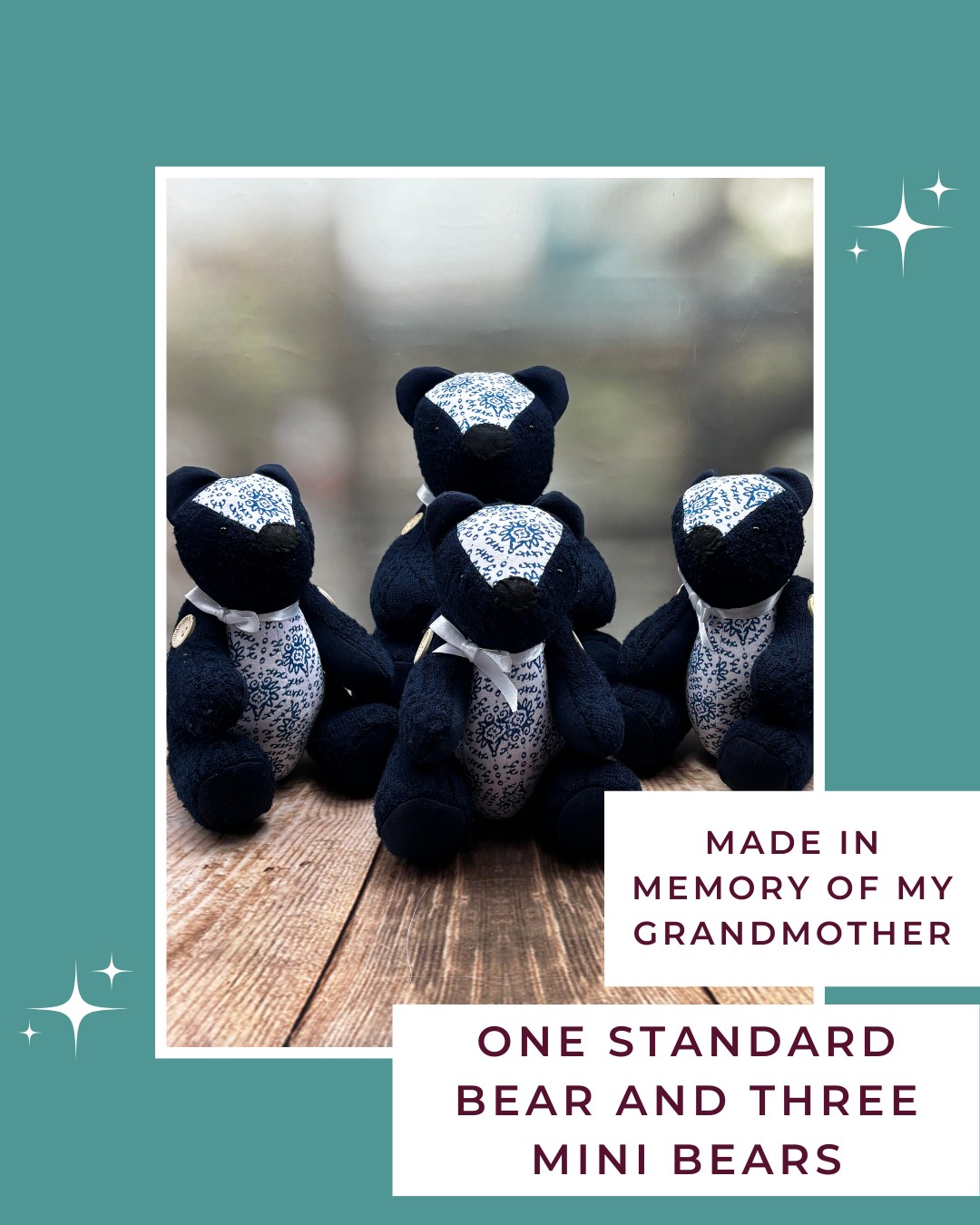 Kim asked me to create bears from her late grandmother's clothes, using a jumper, top and trousers. She requested that these be made into one standard bear and three minis.
What a lovely way to share her grandmother's memory! Perhaps the standard bear for Kim herself, and the three minis for siblings, cousins, or her own children, ensuring everyone in the family has a piece of their grandmother to hold close.
All made from the same clothes, connected through the same fabric and the same love.
I hope these bears bring Kim and her family comfort and keep their grandmother's memory alive across the generations.
#TracysTreasuredKeepsakes #SmallBusinessUK #PersonalisedKeepsakes #HertsCustomKeepsakes #HandmadeGiftsUK