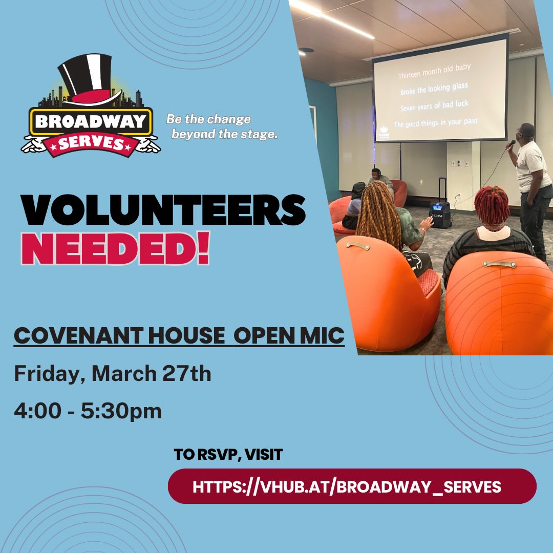 🎙️VOLUNTEERS NEEDED 🎙️
Open Mic at @covenanthouseny NEXT FRIDAY 3/27 from 4-5:30pm!
We are currently seeking volunteers to join us in supporting the Covenant House residents in an afternoon of karaoke and artistic self expression.
To RSVP visit https://vhub.at//broadway_serves or click the link in our bio!