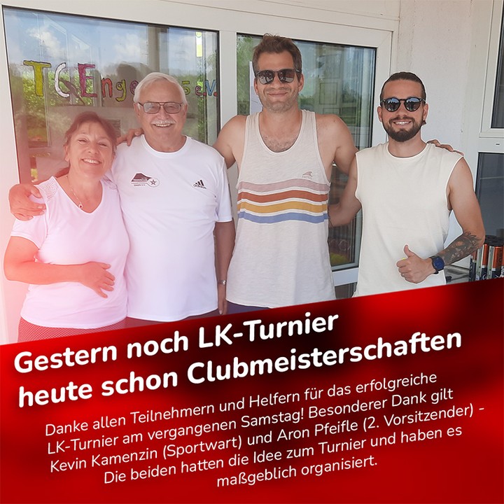 Tragt euch bis zum 03. August am Clubheim in den ausgehängten Listen für die CLUBMEISTERSCHAFTEN 2024 ein.
Gespielt wird Einzel: Herren, Herren 40, Herren 60 & Damen und Doppel: Herren, Damen & Mixed.
Die Finalspiele finden am Samstag und Sonntag (21. und 22. September statt).
Die Auslosung der ersten Spielpaarungen findet am 03. August um 14:30 Uhr im Clubhaus statt.
Wir freuen uns auf sportliche Wochen mit euch!!
#tcengen #tennisclubengen