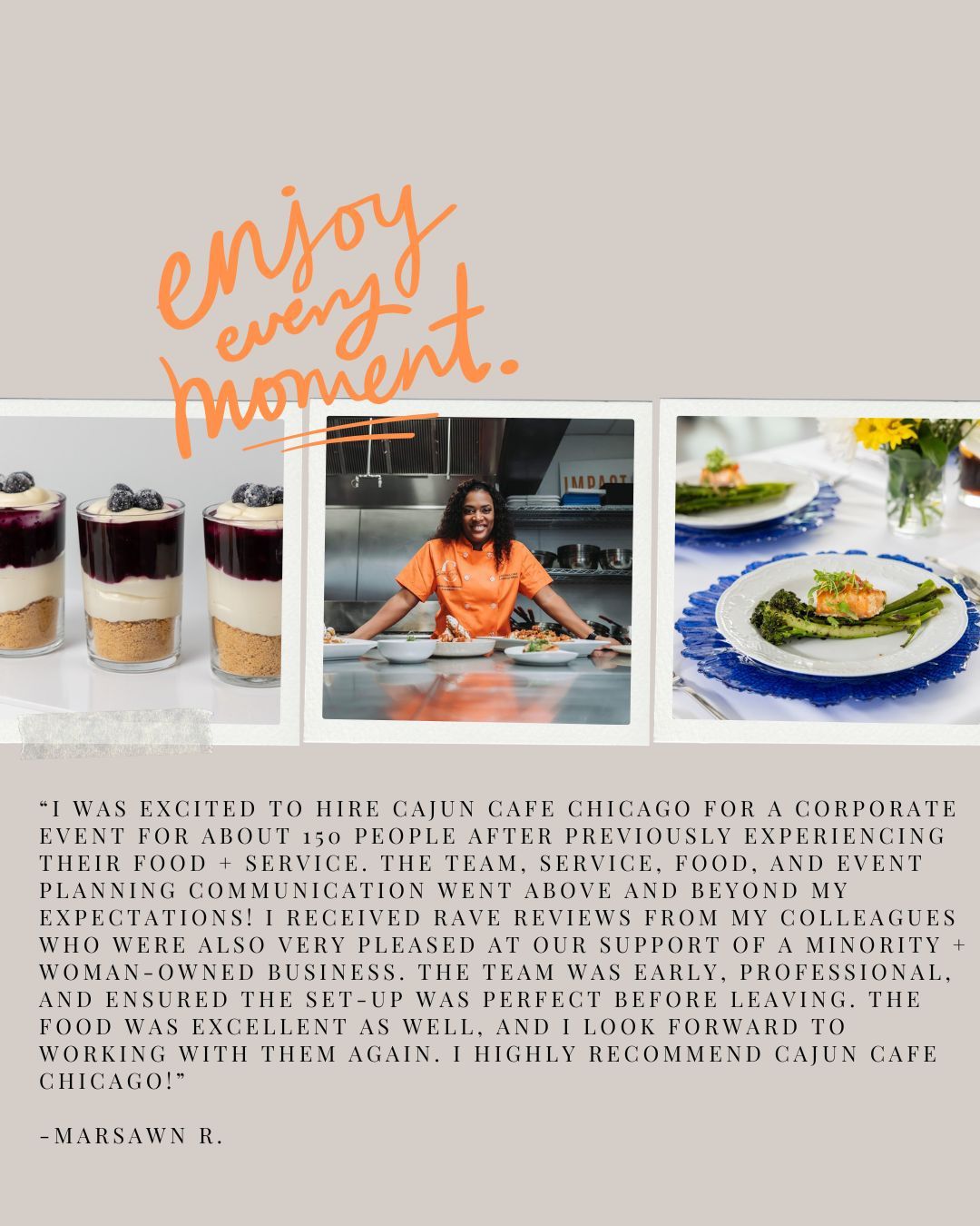 ★ Client Testimonial - Marshawn R.
"I was excited to hire Cajun Cafe Chicago for a corporate event for about 150 people after previously experiencing their food and service. The team, service, food, and event planning communication went above and beyond my expectations!"
It always brings us great joy to hear that our clients are pleased with both the service and the experience we provide. We take pride in how Cajun Cafe Chicago shows up, creating thoughtful experiences and builds relationships through our catering services.
#CajunCafeChicago #ChicagoCatering #EventCatering #CorporateCatering #BlackOwnedBusiness #HospitalityIndustry #ClientExperience #EventPlanning #CateringService