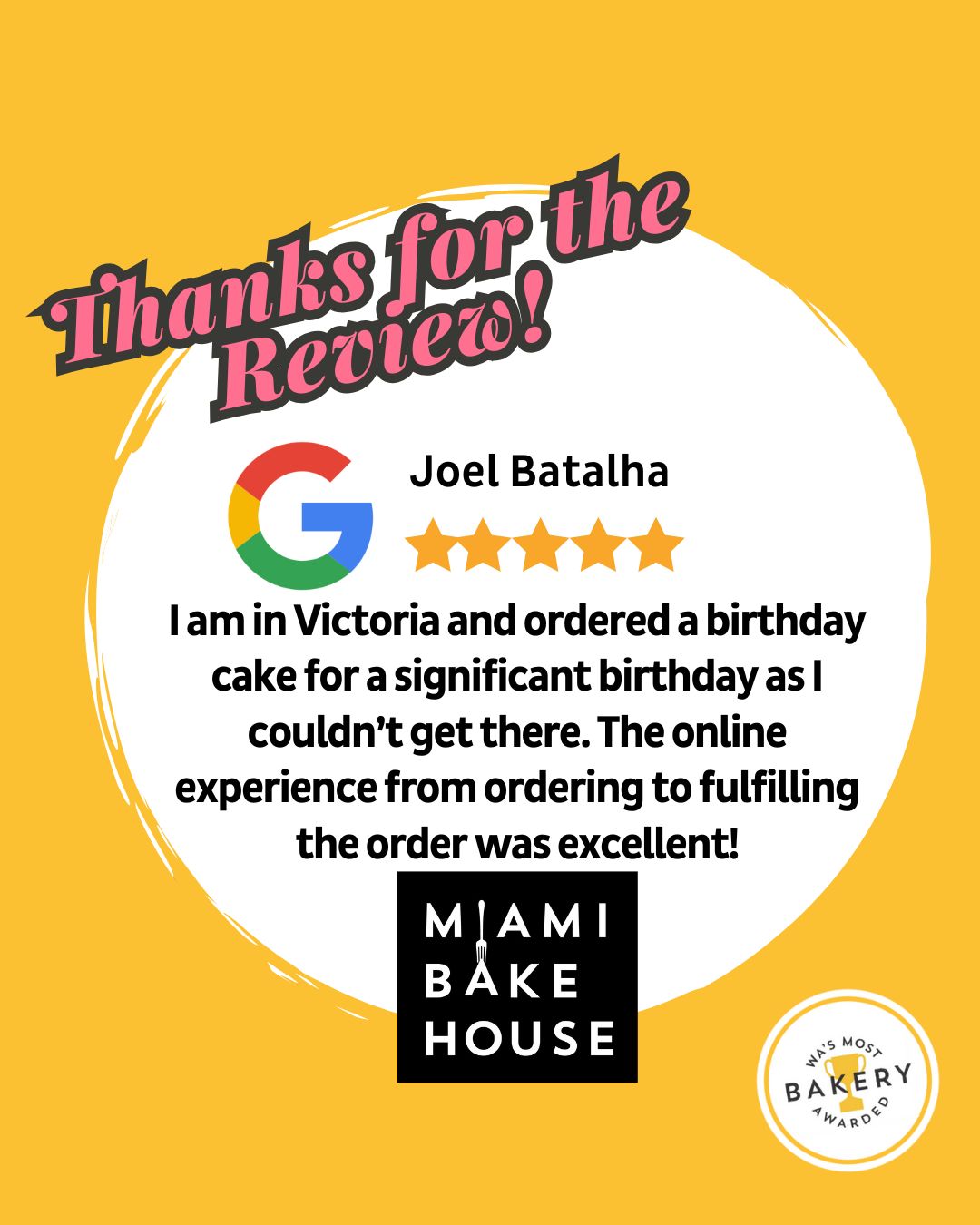 Thank you for your amazing review Joel! We love to hear about your experience with our online ordering platform.
You can share your thoughts too! Let our friendly team know how you found your experience with us through the link in our bio and enter our monthly draw to win a $100 Miami Bakehouse Gift Voucher.