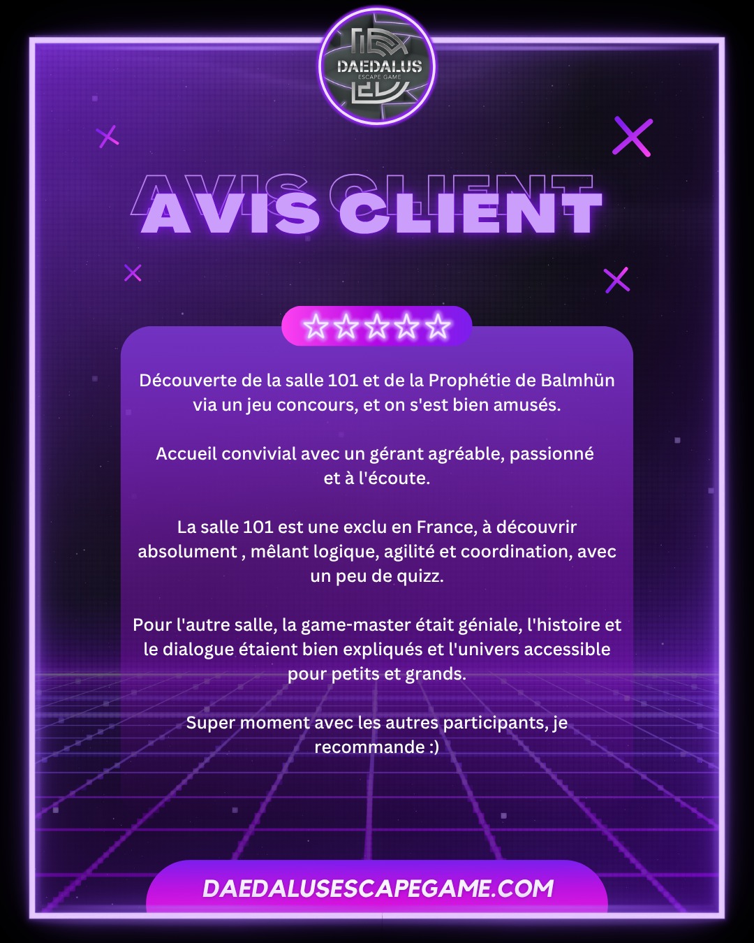 💬 𝗔𝗩𝗜𝗦 𝗖𝗟𝗜𝗘𝗡𝗧 💬
Vous savez ce qui nous passionne autant que nos énigmes ?
✨ 𝓥𝓸𝓼 𝓪𝓿𝓲𝓼 ✨
L'équipe Daedalus vous remercie grandement pour votre soutien ! 💜
__________________
🌐 https://f.mtr.cool/wjyweumgxg
📱 0633447032
☎️ 0984483171
#escape #escapegame #escaperoom #parcours #loisirs #jeu #jeux #blois #loiretcher #famille #amis #ami #barajeux #loire #jeudesociete #valdeloire #chateaudelaloire #loireavelo #bloismaville #valducher #sologne #vendome #sortiren41 #bloischambord #bloiscity #maisondelamagie #visiteblois #bloistourisme #avis