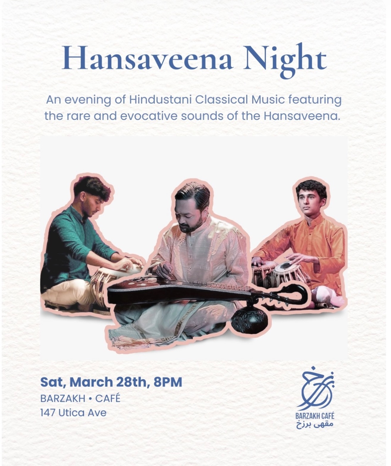 Join us at Barzakh for an immersive evening of Hindustani Classical Music featuring the rare and evocative sounds of the Hansaveena.
The performance will be led by Ramanan Venkatraman, a dedicated exponent of this 21-string slide guitar. The evening features a unique “Double Tabla” accompaniment, creating a rich rhythmic tapestry through a dialogue between two of New York’s most accomplished young percussionists, Aditya Phatak and Manav Khurana. Together, they will explore the beauty of
the night stars through deep meditative ragas and intricate rhythmic cycles of the Senia-Maihar tradition.
This is going to be a great night to witness this rare instrument played in the true traditions of Hindustani Classical Music yet experimenting with the present shifts in world music at one of New York’s finest venues for great food and great music, great community and great friends, Barzakh Cafe.
#hansaveena #hansaveenaexponent #hansaveenaandi #ravishankar #tabla
Will you join us?
