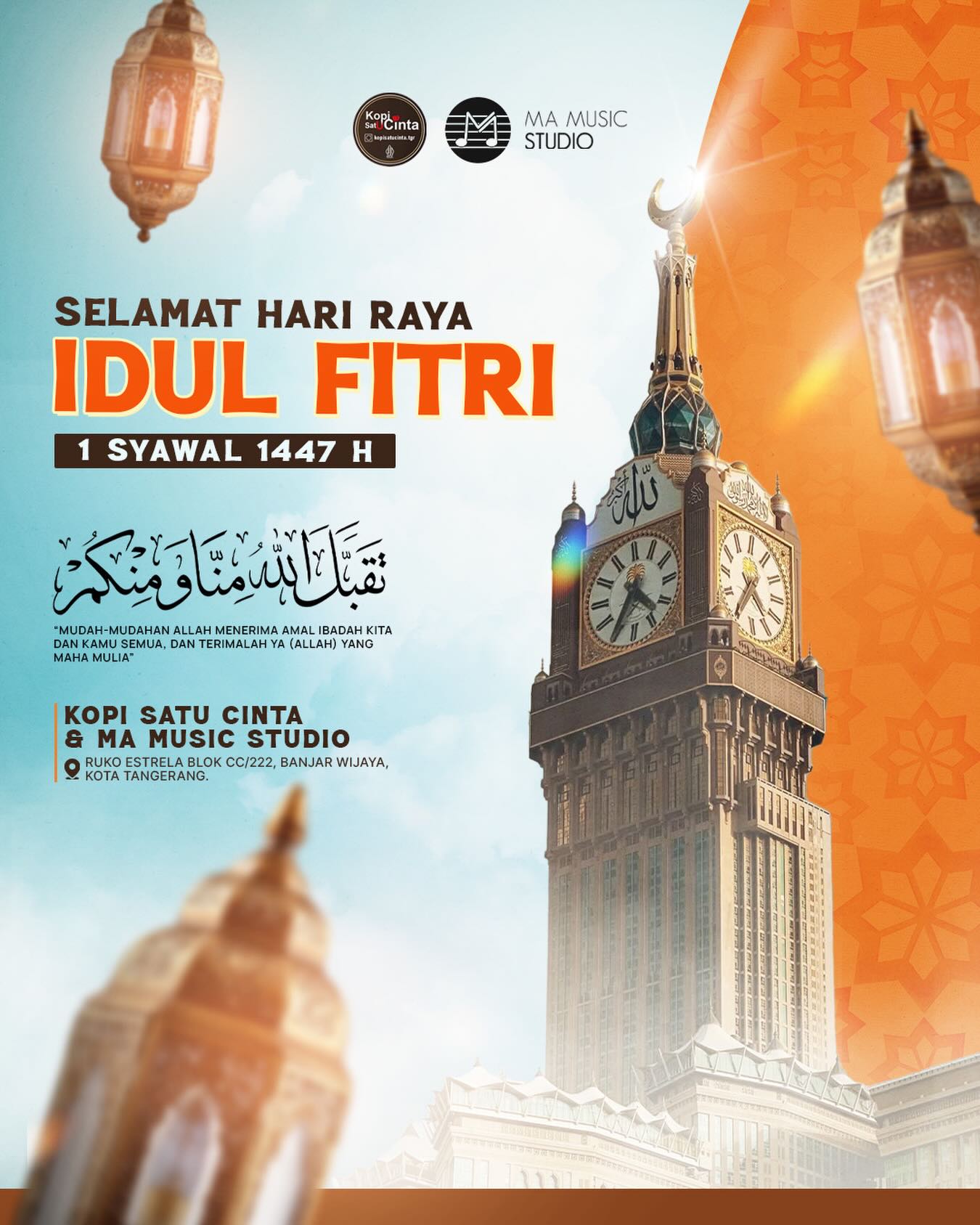 Keluarga besar MA Music Studio & Kopi satu cinta TGR mengucapkan Selamat Hari Raya Idul Fitri 1447 H.
Semoga kemenangan ini membawa berkah dan kedamaian bagi kita semua. Taqabbalallahu minna wa minkum, minal aidin wal faizin🙏🏻
