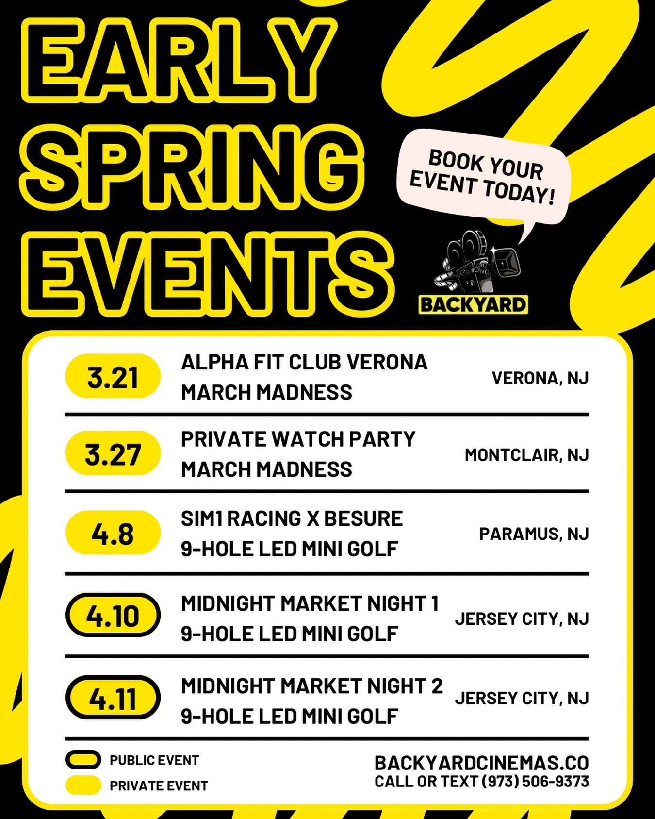 Spring is here and we’re ready for it! ☀️🎬
Today we’re starting the season strong at Alpha Fit Club Verona’s 5 Year Anniversary party! 💪🎉 They’re going with the giant 20ft screen for March Madness. Spoiler alert, it’s gonna be epic.
March Madness watch parties continue into late next week with Sweet 16 games.
In a few weeks, we’re co-hosting a business networking event with Metro Party Services and BeSure at Sim1 Racing in Paramus.
With April just around the corner, we’re excited to announce our first public event of the year at Jersey City Night Market! This is the first of many monthly public events this season. Catch us 6pm to midnight April 10 and 11th and play a round (or 6) on our LED mini golf course ⛳✨
Good vibes, outdoor nights, and unforgettable events are back! Reserve your date to lock in the early bird rate. Call or text 973-506-9373