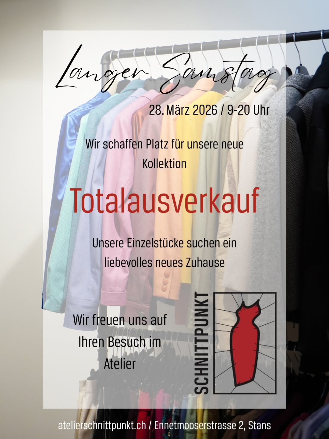 TOTALAUSVERKAUF
Einzelstücke, die ein neues Zuhause suchen - bist du dabei?
Kommt am Langen Samstag, 28. März vorbei.
Wir freuen uns auf Sie.
#langersamstag #atelierschnittpunkt #stans #lehratelier #lieblingsstück