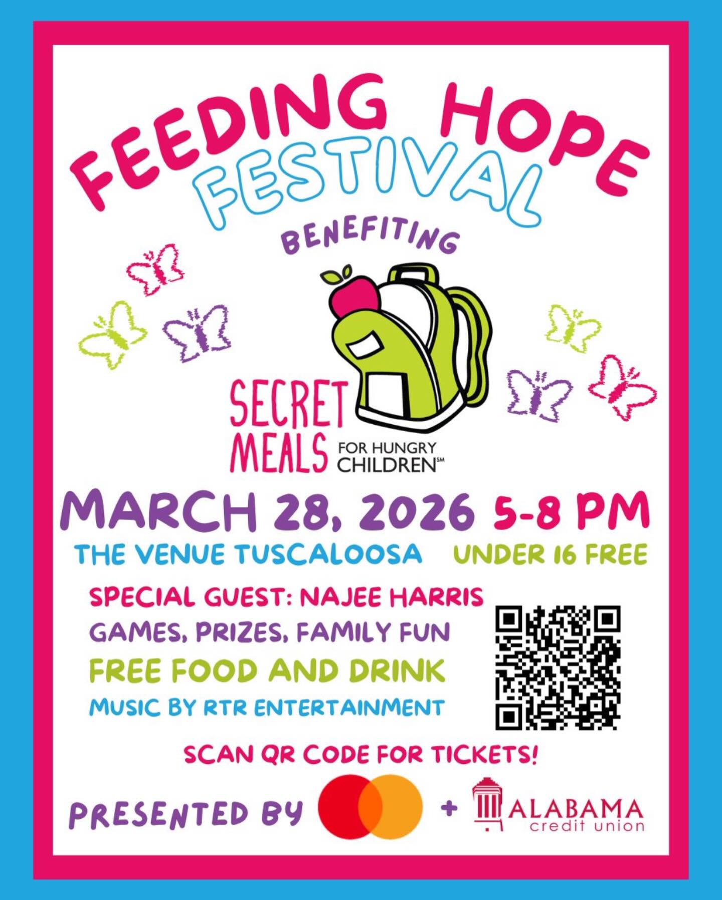 Join us for an unforgettable night at the Feeding Hope Festival!! ❤️
The Alabama Credit Union Foundation is bringing the community together to support Secret Meals For Hungry Children with an evening full of food, drinks, games, and giving back. Plus, special guest Najee Harris will be there for a live Q&A and fun throughout the night!
Ticket link in bio. Use code “MARKETING” for FREE ENTRY.
📅 Saturday, March 28
⏰ 5–8 PM
📍 The Venue Tuscaloosa
Tickets include food, beverages (21+), ice cream, and charity bingo.