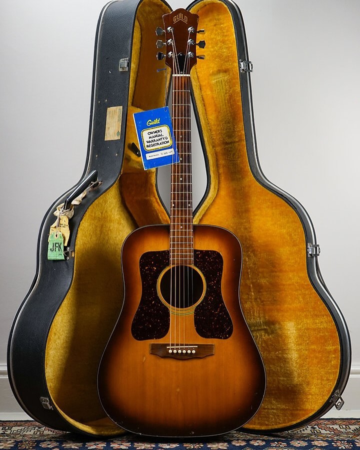 1975 Guild D-35SB (Sunburst).
This one was factory-ordered with a double pickguard and I love it.
It’s lived quite a life, but is free of any breaks or repairs and comes with a well-travelled case + the original hang tag.