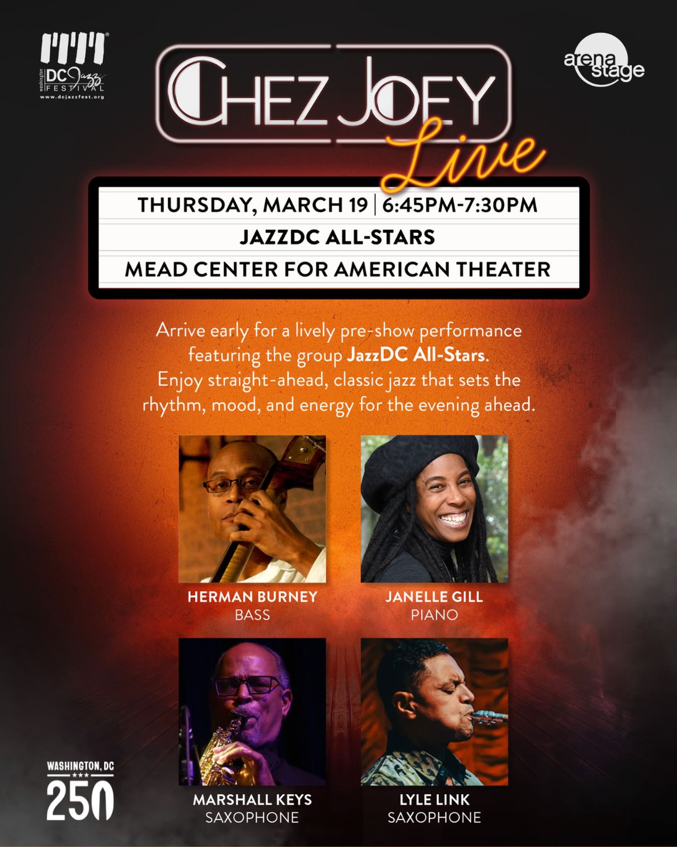 DC Jazz Festival is proud to partner with Arena Stage on Wednesday nights with CHEZ JOEY and we will be getting hot before the curtain even rises
CHEZ JOEY ticketholders are invited to arrive early for their performance to enjoy a live jazz set featuring standout local DMV musicians. Straight-ahead, classic jazz warms the room, sharpens the mood, and sets the stakes before the first note hits onstage!
Mar 19: JAZZDC All-Stars;
Herman Burney
Janelle Gill
Marshall Keys
Lyle Link
Grab your CHEZ JOEY tickets for a Wednesday evening—and get double the jazz!: arenastage.org/joey
Chez Joey Live Jazz Wednesdays is part of JazzDCTM and made possible in 2026 by the Galena-Yorktown Foundation and the Leonard and Elaine Silverstein Family Foundation.
#livejazz #dcjazz #jazzconcert #jazz #dcjazzfest