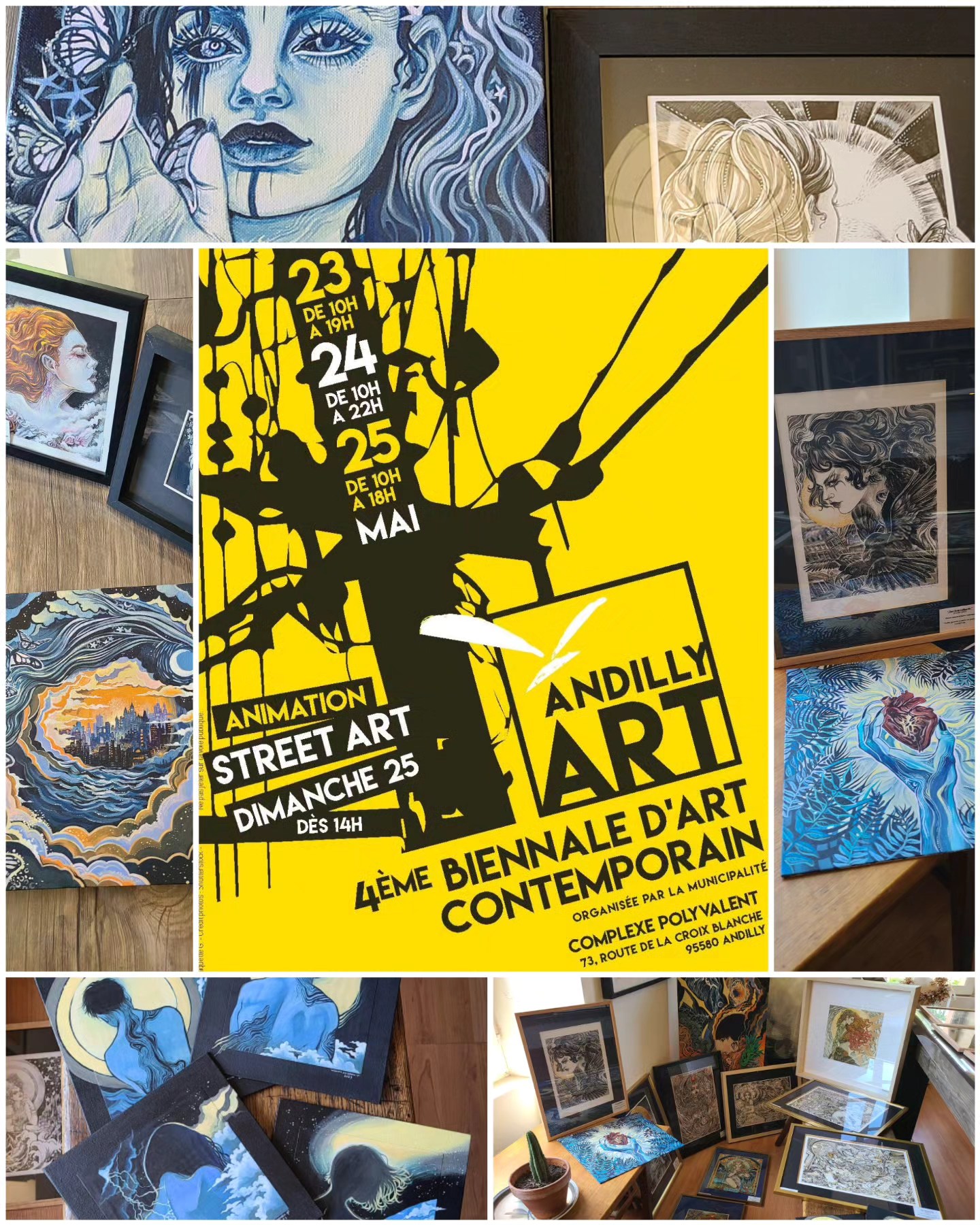 ⬇️✨4ème Biennale d'Art Contemporain d'Andilly✨⬇️
Du 23 au 25 mai 2025
-
✨ Heya !
J’ai le plaisir de participer à la 4ᵉ Biennale d’Art Contemporain d’Andilly, du 23 au 25 mai 2025, aux côtés de 15 autres artistes ; ’événement se tiendra au Complexe polyvalent d’Andilly (Val d’Oise), peinture, sculpture, photographie et performance au programme
✨ Pour cette occasion, je présenterai une sélection d’œuvres que vous avez peut-être (sans doute !) déjà croisées ! Elles font partie de mon parcours, de mon cheminement, et je suis heureuse de leur offrir une dernière présence en exposition temporaire... car ce sera ma dernière exposition de l’année et je ne sais pas encore quelle sera la prochaine...
Une pause s’impose — pour me reposer, me recentrer, et surtout pour créer de nouvelles choses (il est temps !)
✨ L'installation est faite depuis mercredi 21 mai, vous pourrez me retrouver tous les 3 jours d'ouverture de l'exposition dès le vendredi 23 mai 😀
INFOS
📍 Complexe polyvalent - 73, route de la croix Blanche - 95580 Andilly
📅 23, 24 et 25 mai 2025
⏰23 mai 10h-19h, 24 mai 10h-22h et 25 mai 10h-18h
💸 Entrée libre et gratuite
Vernissage samedi à partir de 18h
Tous publics / Accessible PMR / Senior / Jeune public
🎨 Atelier participatif le dimanche à 14h (avec l’artiste NAES)
Accessible en transports depuis Gare du Nord
Ligne H – descendre à Enghien-les-Bains, puis prendre le bus n°11(dir. Dr Schweitzer) – descendre à l’arrêt Clinique des Orchidées –marcher 10 minutes pour atteindre le Complexe polyvalent.
💫 Pour la suite et si vous souhaitez continuer à voir mon travail en physique au fil du temps, sachez que la plupart de mes œuvres seront désormais visibles en permanence à l'atelier du Souffleur de Verre de @rousseau.glass.design au 1 ter avenue de Paris, 95290 L’Isle-Adam aux horaires d'ouverture habituels de la boutique et dès que nous aurons remis un peu d'ordre mais pour ça je vous donnerai plus de détails prochainement !
-
#exposition #expovente #peinture #peintureacrylique #DessinTraditionnel #dessincontemporain #biennaledartcontemporain #Biennale #biennaledandilly #biennaleartistique #ArtistOnInstagram #artistesurinstagram #frenchartist #painting