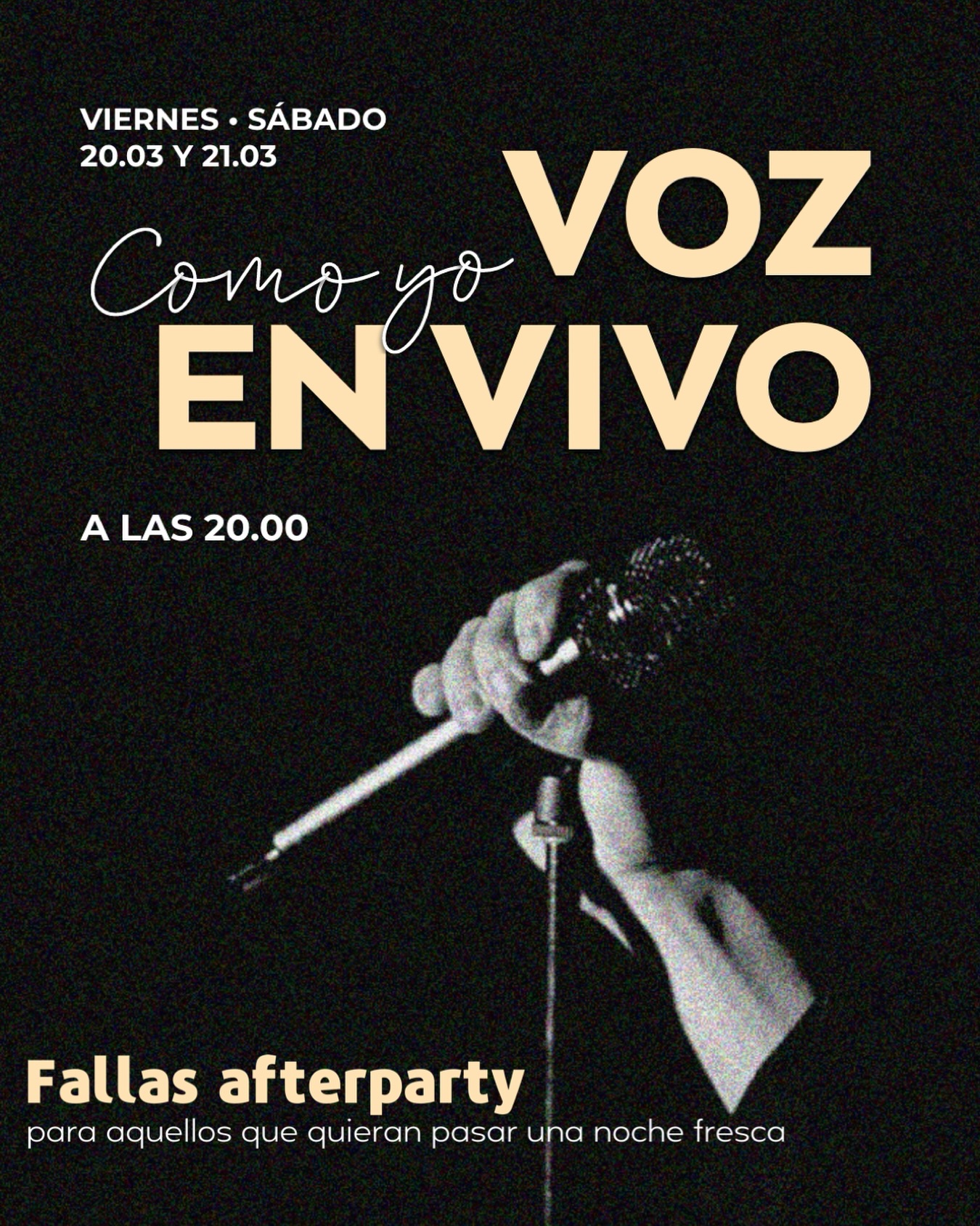 Voz en vivo. Ambiente único. Emociones reales.
Te invitamos a una noche especial donde cada nota se siente de verdad — en vivo.
Una voz delicada, luz cálida y una atmósfera que querrás vivir hasta el final.
📅 Viernes 20.03 y sábado 21.03
🕗 A las 20:00
💛 Reserva tu mesa — y crea tu noche especial con nosotros 📞 624 09 88 89 o por Direct
📍 Pl. Tetuán, 18, València