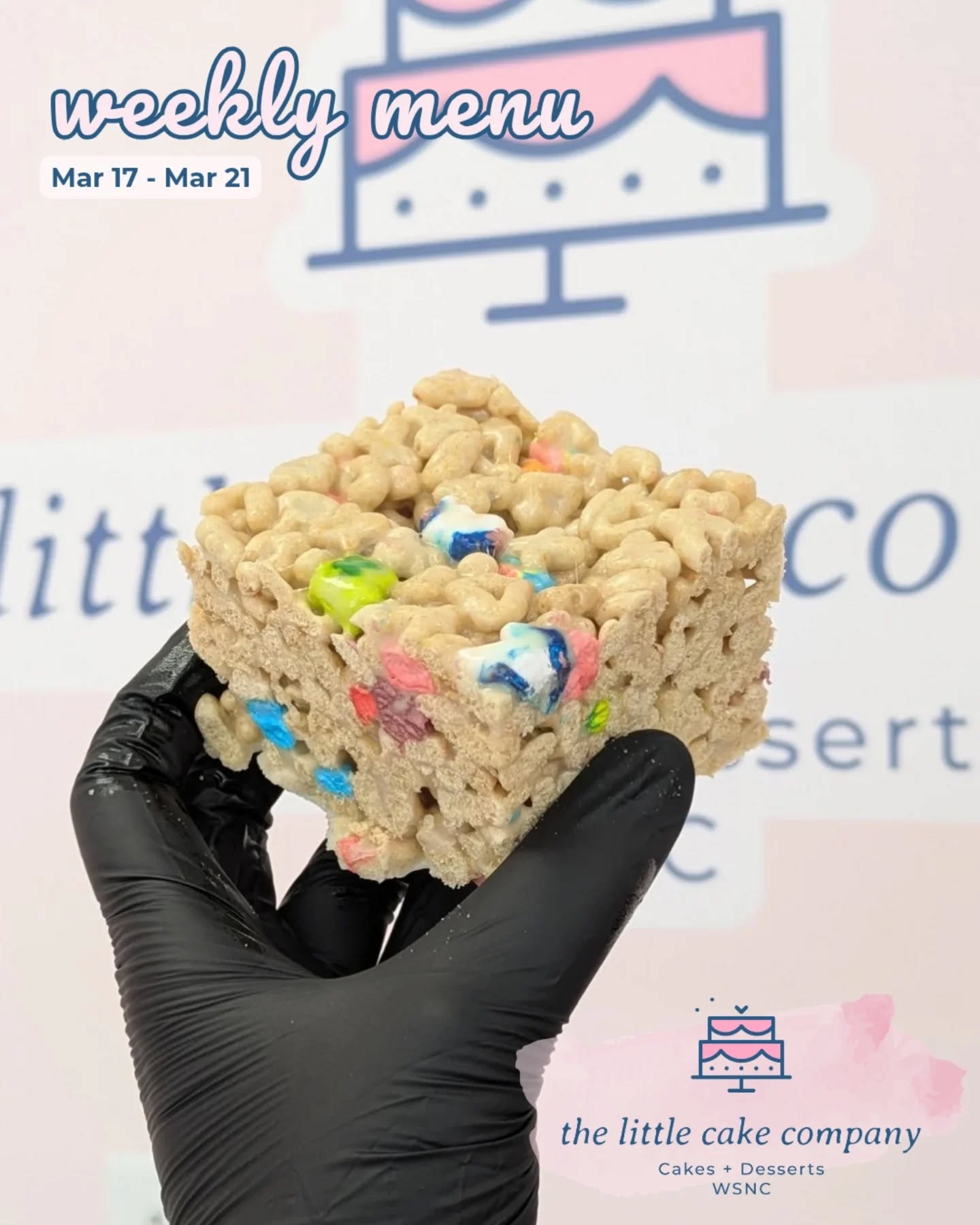 Happy St. Paddy's Day! We have Lucky Charms Cereal Treats for you today! Open today 11 to 7 ☘️✨