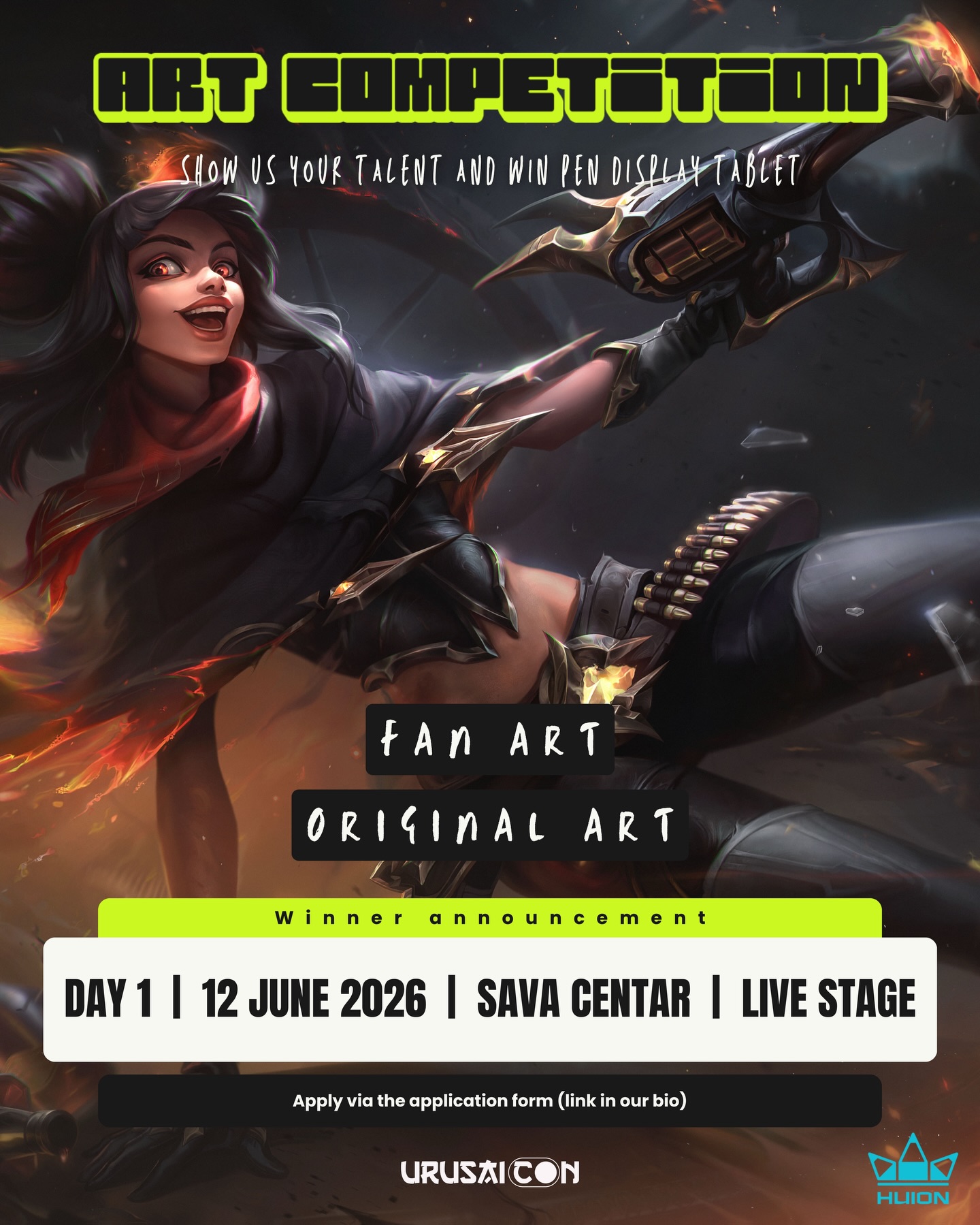 Urusai Con Art Competition is here!
🏆 Awards by @huiontablet
🥇Kamvas 22 (Gen 3)
🥈Kamvas 13 (Gen 3)
🥉Inspiroy 2 M
Don't miss your chance to shine and grab the ultimate prize, the brand new HUION Kamvas 22 (Gen 3)! Plus 2 more pro tablets for 2nd and 3rd place ⭐️
Illustration by @asadelinne