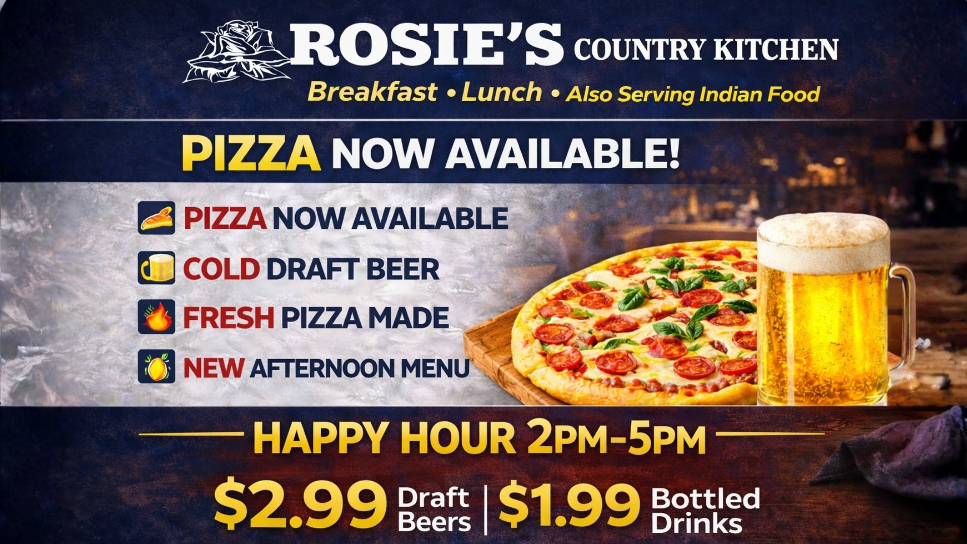 Happy Hour 2PM-5PM! 2.99 Draft Beers & $1.99 Bottled Drinks!