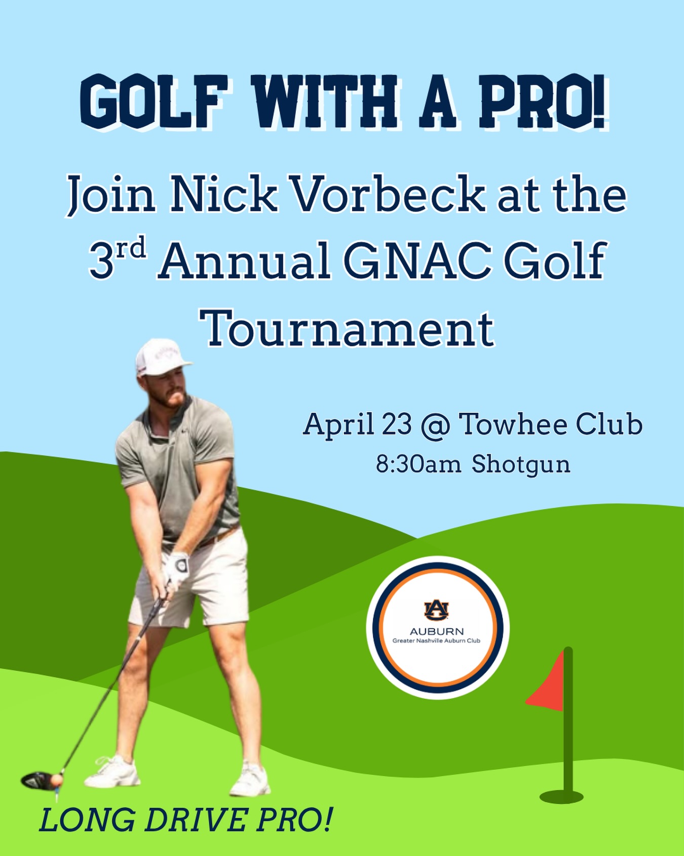 Ever wanted to golf with a pro? Well here’s your chance!
Join Long Drive Pro Nick Vorbeck as he takes part in our 3rd Annual Golf Tournament at Towhee Club in Spring Hill!
🏌️ 🏌️♀️ 🏌️♂️
Now that the weather is warming up, we know you’re itching to get a round in however you can. So make it extra special by playing with golf pro Nick Vorbeck!☀️
Register today at the link in our bio! ⛳️
Interested in becoming a sponsor? Email us at info@auburnnashville.com.