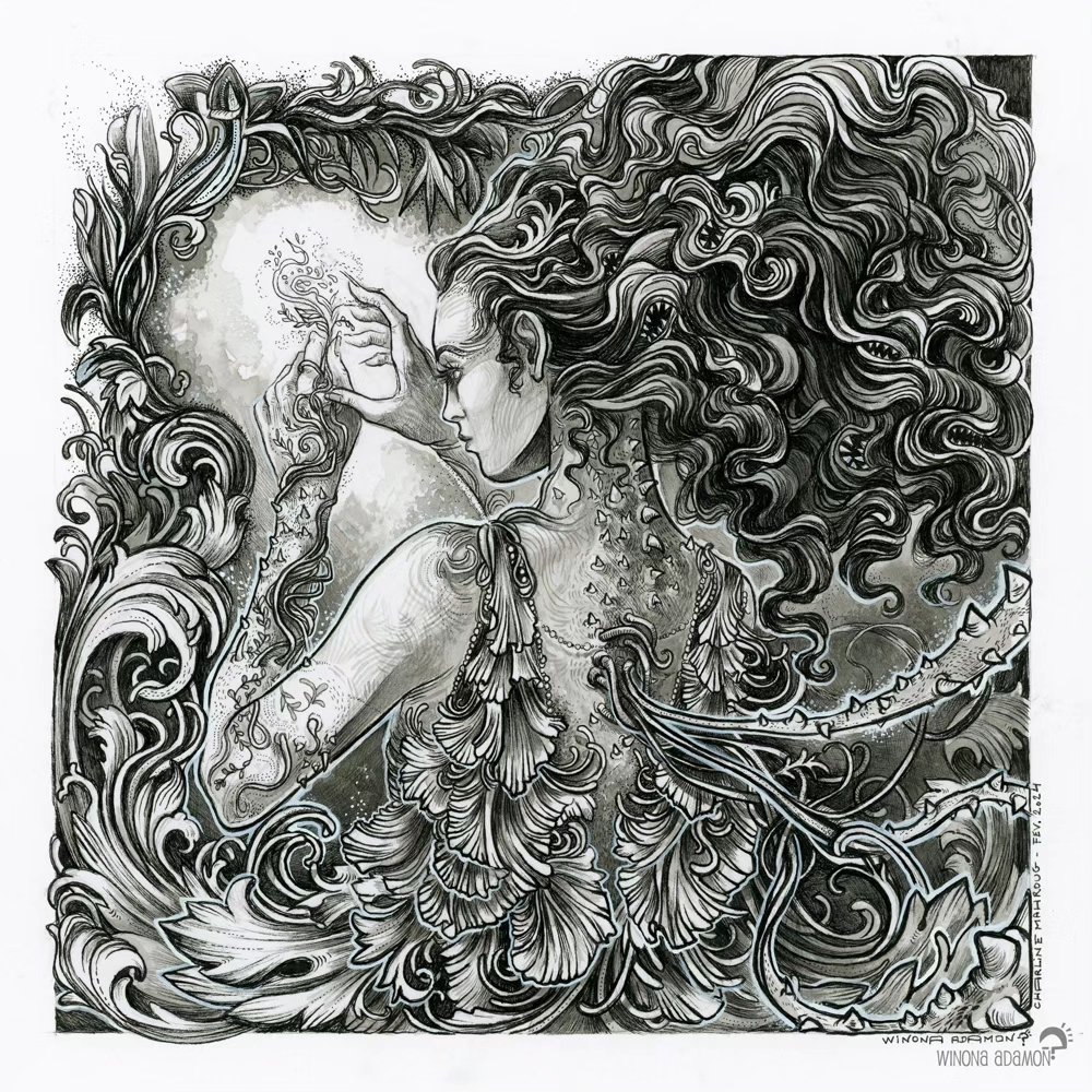 ~* Méristème *~
🇫🇷 Voici ma toute première femme végétale réalisée à l'occasion du concours de dessin #FEMMESFLEURS / #lecollectionneur 🌱🌷🌿
Un peu de noir et blanc gravé de petits traits grâce aux Pigma Micron 005 et 003, du pocket brush de Pentel, de l'encre noire Liquitex et des touches de gouache blanche pour commencer et pour la prochaine, on reprendra les pinceaux 😉
(quant aux mots accompagnant l'image, ils ne sont là que pour apporter un petit aperçu de ce que pourrait être la personnalité de cette dame)
🌸 Concours organisé par @mademoisellejessicapeter , @laetitia.illustratrice , @estelle.lebrun.art , @pensee_soluble , @whispers_whispers et @grifbeauxarts
🌸 Partenaires : @sennelier1887 et @carandache
-
🇬🇧 Here's my very first plant/flower woman made for the Femmes Fleurs / Le Collectionneur french drawing competition 🌱🌷🌿
A bit of black and white with little lines to start with and for the next one, I'll go back to the brush 😉
(about the words accompanying the image, they are only there to give a small glimpse of what this lady's personality might be like)
-
--
---
#ConcoursFemmesFleurs #traditionalart #inkart #traditionalillustration #monochromatic #fantasy #fae #fairy #flower #fantasyartist #fairycore #spirit #witch #witchyvibes #illustration #contemporarydrawing #illustrationdrawing #art #artwork #frenchartist #artistefrançaise #womenartists #womenartistsofinstagram