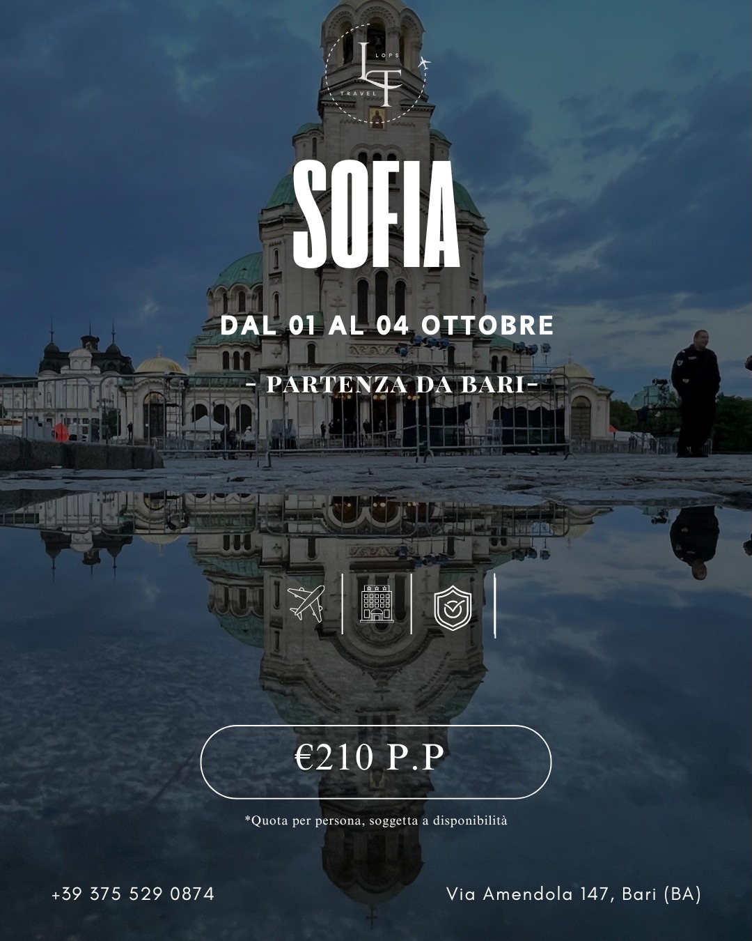 Hai voglia di staccare la spina senza spendere una fortuna? ✈️
SOFIA DAL 1 AL 4 OTTOBRE 🇧🇬
✈️ Volo diretto da Bari
🕒 Andata 01/10: 16:10 – 17:35
🕒 Ritorno 04/10: 14:15 – 13:45
3 notti in hotel 4⭐ con colazione
👉 Solo 210€ a persona
✔️ Partenza comoda
✔️ Hotel centrale (voto 8.3)
✔️ Perfetto per un weekend lungo low cost
⚠️ Posti limitati – tariffa soggetta a disponibilità
📲 Scrivici su WhatsApp per bloccare subito il tuo posto!