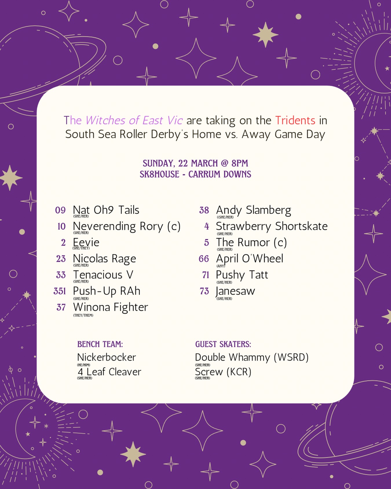Tomorrow the Witches are taking on the @southsearollerderby Tridents in SSRD’s Game Day, to kick off the 2026 derby season! 🛼
Head down to @sk8houseau from 5pm for some awesome derby, and to cheer on the witches for our game at 8pm 💜
