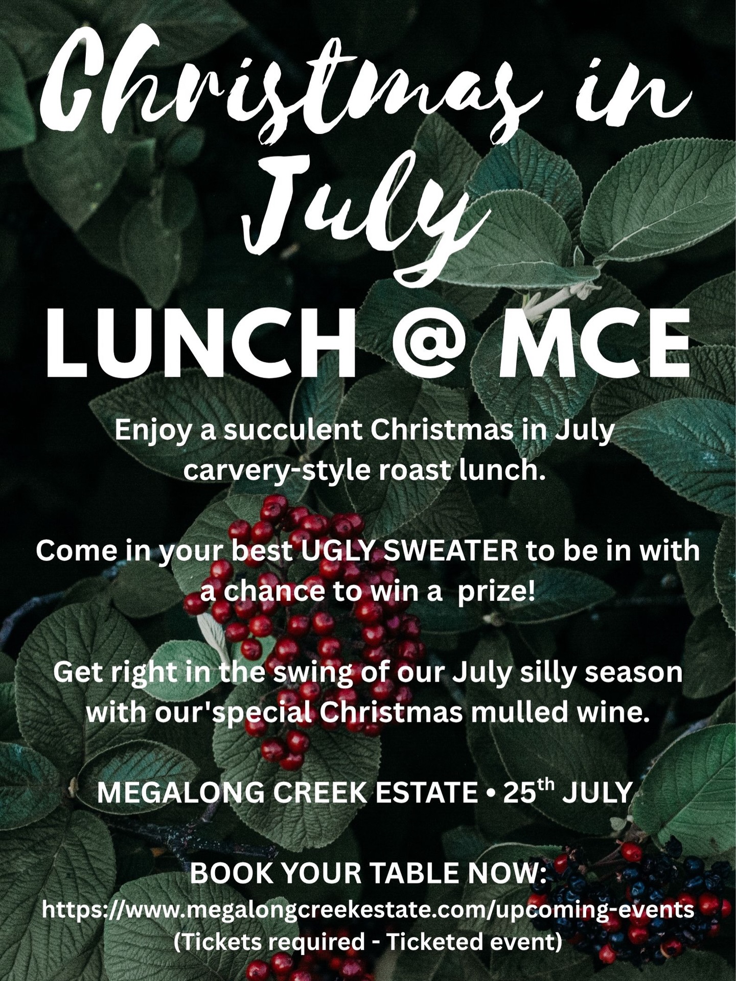 Celebrate the magic of winter at Megalong Creek Estate with our festive Christmas in July lunch - 25th July 2026. Set against the crisp mountain air, enjoy a hearty hot roast feast, flowing wine, and live music that sets the tone for an afternoon of dancing, laughter, and cosy seasonal cheer. Prizes for ‘Best Worst’ xmas sweater, lucky door prize, best table decorated prize & of course, best moves on the DF so bring your dancing shoes💃🏼🎄🎶
NOTE: Tickets limited & required for entry to this event. Tickets available from the MCE website only. Link in Bio.
#megalongvalley #megalongcreekestate #christmasinjuly #sydneysurrounds #bluemountainsnsw @bluemountainstourismcouncil
