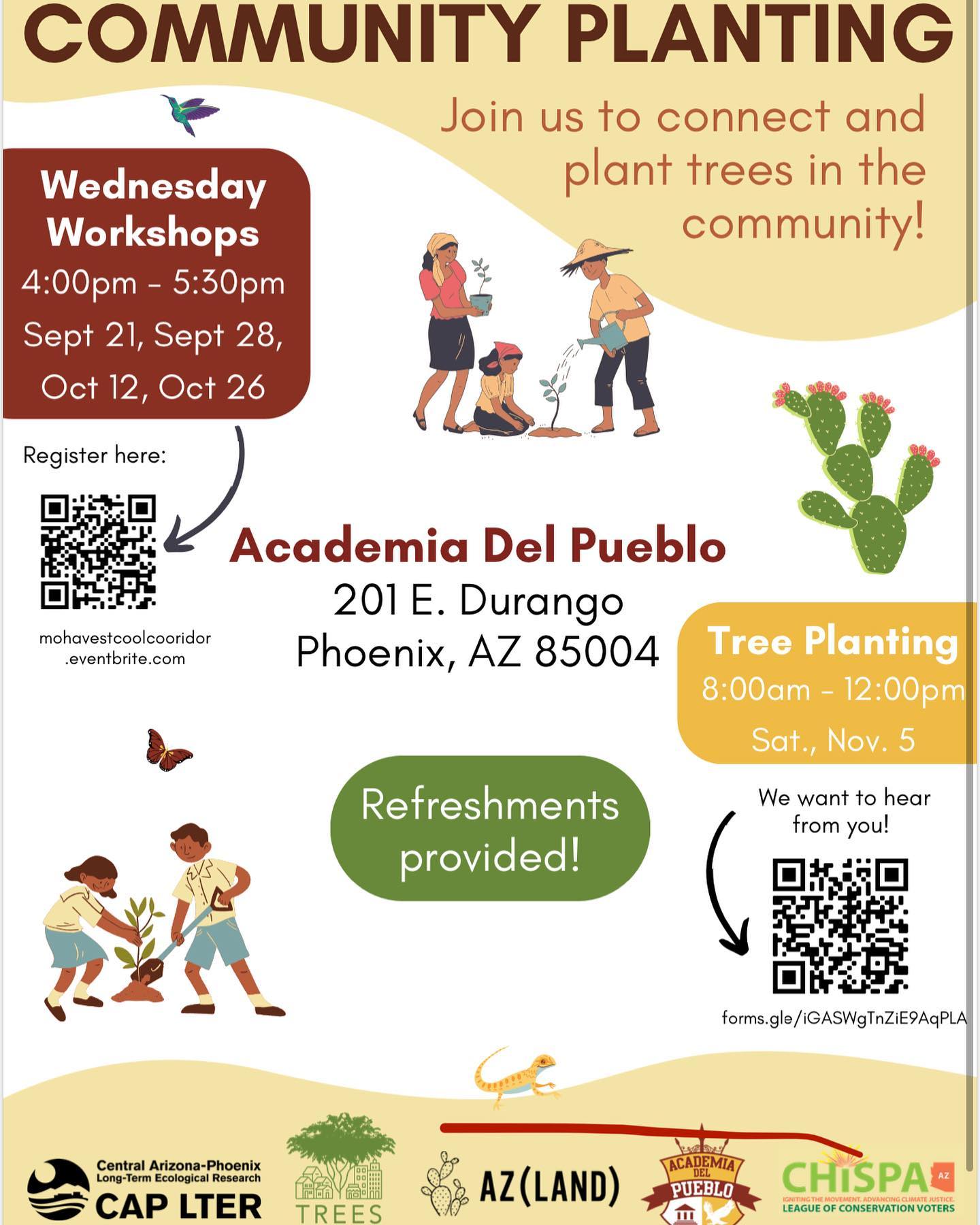 Hello ADP community!
The wonderful community partners at AZ (land) and Trees Matter would like to plant trees in our neighborhoods and they need your help. Please join the next workshop on September 28th at 4pm in the ADP Gymnasium to help transform our community with some very much needed shade. The trees are FREE and yours to keep!
Together, we can make a difference in our community.