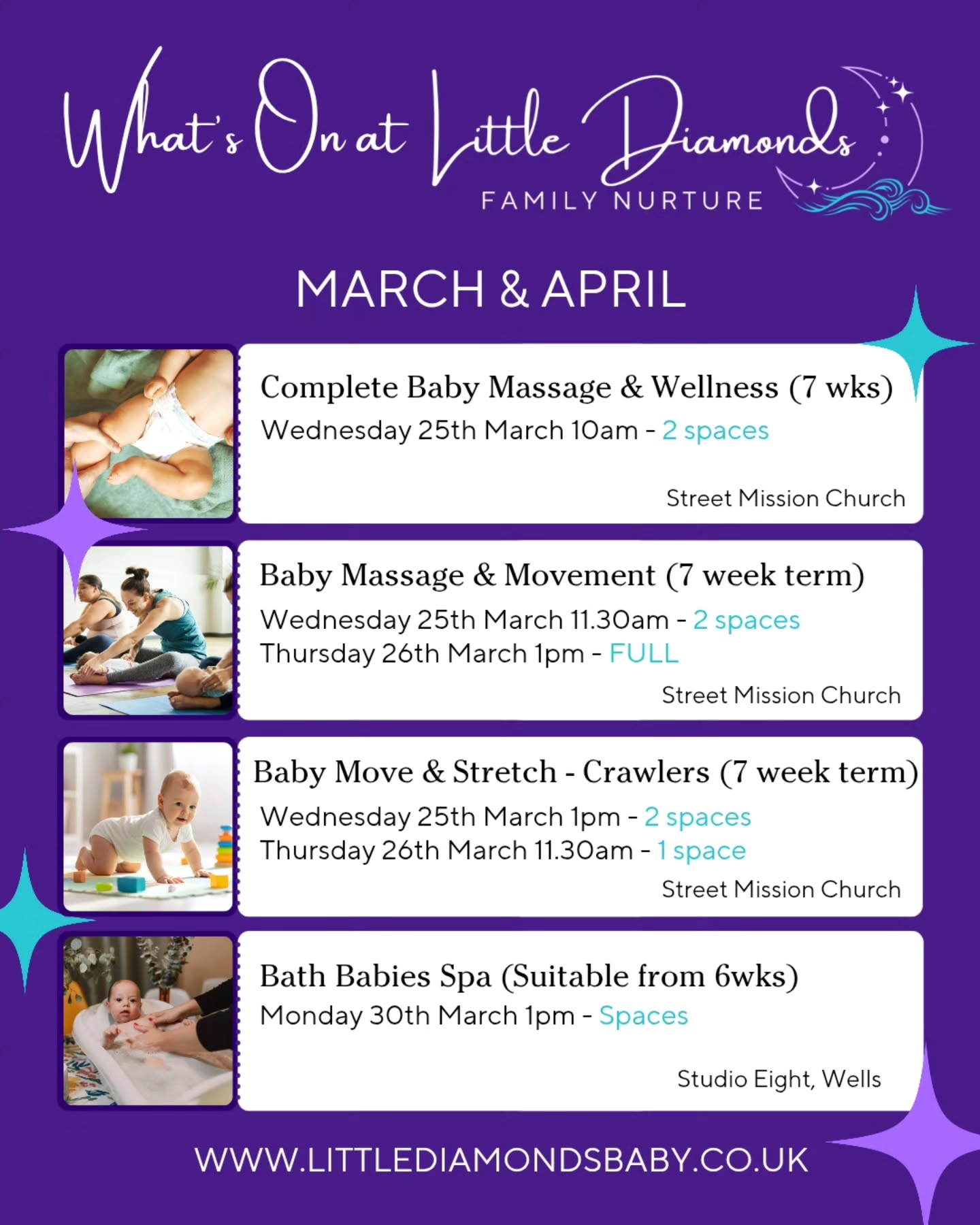 ✨️ Class Availability For This Week ✨️
As classes start again this week, I just wanted to let you know about available spaces in class.
A little reminder as well that these sessions are all perfect space for new parents who’d like to slow things down, spend some quality time with their baby, and take a moment to focus on themselves too.
What's available?
💜 Complete Baby Massage & Wellness - Wednesdays at 10am - 3 spaces
💜 Baby Massage & Movement (pre-crawlers) - Wednesdays 11.30am - 2 spaces
💜 Baby Move & Stretch (crawlers) - Wednesdays 1pm - 2 spaces
💜 Baby Move & Stretch (crawlers) - Thursdays 11.30am - 1 space
🫧 Bath Babies Spa (pre-crawlers) - Monday 1pm - spaces
I'm fully back online and keeping an eye on messages, so please feel free to get in touch with any questions or to book in.
Or head straight to Littlediamondsbaby.co.uk to book.
Looking forward to seeing you all soon 🤍