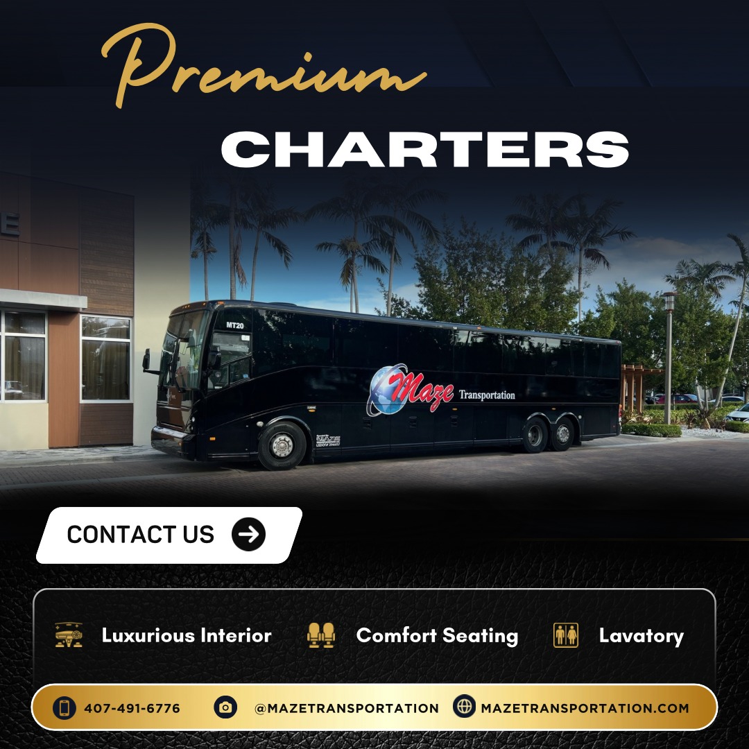 🚌✨ Wherever you’re headed, arrive in style. Premium charters for every occasion — corporate events, school trips, group travel & more. Comfort seating, luxurious interior, and onboard lavatory included.
📞 407-491-6776 | 🌐 MazeTransportation.com