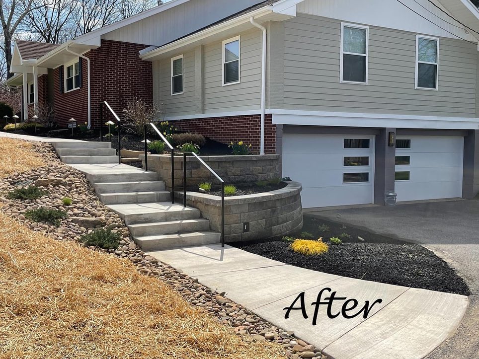 When the retaining wall installed by the previous owners began to fail, we had the opportunity to redesign the front sidewalk to include more landings and custom handrails for easier access to the front door in addition to replacing the wall.
#landscapedesign #hardscapes #retainingwall #frontentrance #statecollegepa #landscaper #yondermountain #conservation