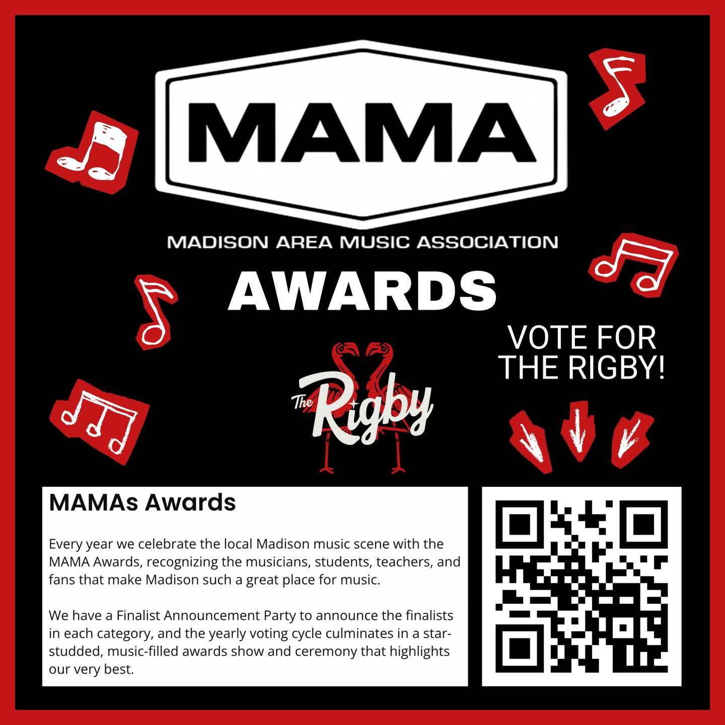 Support local music ๐ถโค๏ธ
Vote for The Rigby at the MAMAs ๐
๐ฒ Scan the code + show some love
#rigbyforthepeople #mama #madisonarea #vote #music