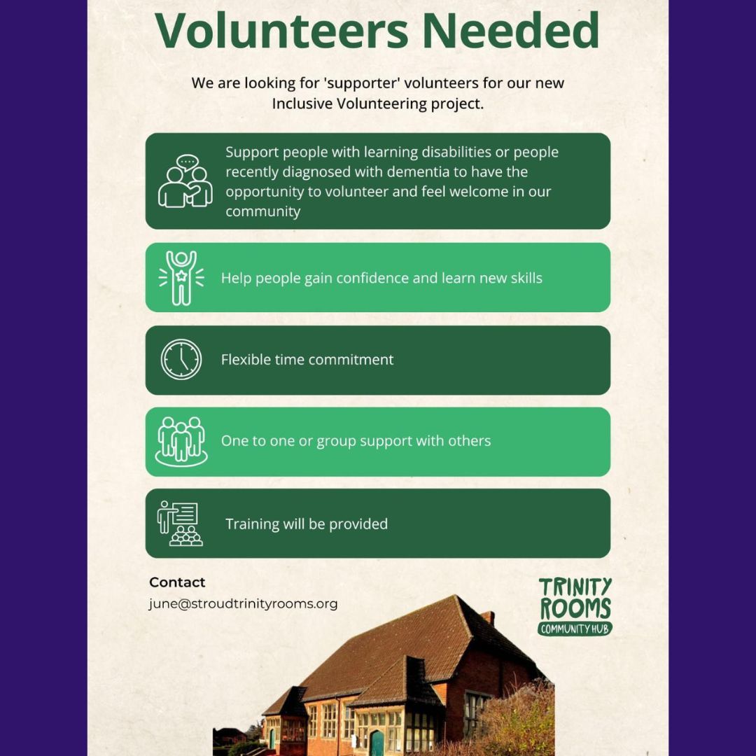 Can you help be a part of making our Trinity Rooms Community an even more inclusive place for all?
We are looking for volunteers to join a new supporter team.
For more information and getting involved please email june@stroudtrinityrooms.org
Please do also pass along to your own connections and networks, as well as sharing with anyone you know of who may be interested.
Thank You!
#Stroud #SupportLocal #Kindness #Helping #Community #MakeADifference #Painswick #Nailsworth #Chalford #Ebley #Bussage #Volunteering #Volunteers #SkillBuilding #Gloucestershire